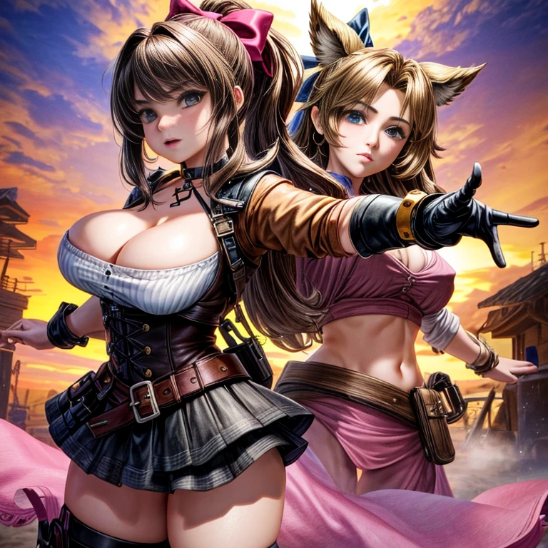 1 girl, alone,Dynamic pose, Cowboy Shot,, (((3D, Video game))),masterpiece, highest quality, Intricate details, 8K Ultra HD, Perfect Face, Perfect Eyes, Aerith Gainsborough,choker, Cropped jacket, Hair Bow, bracelet, Pink Dress, Brown boots 、Final Fantasy VII、Camel Toe、Giant tit、Nipple Puffs、Cleavage、Plump、Super big breasts、Super big butt、Cowboy Shot