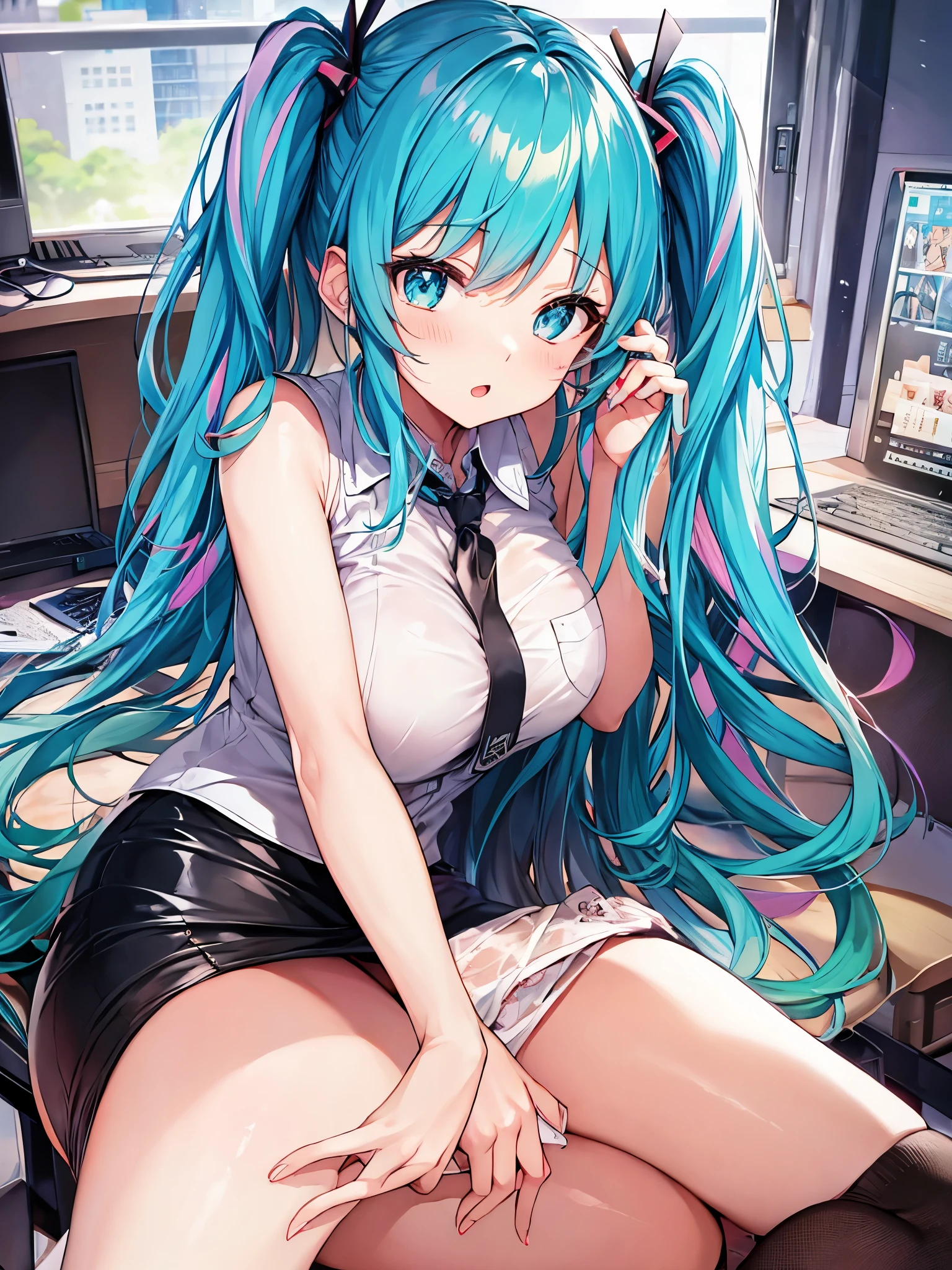 masterpiece、Best image quality、超A high resolution、Browsing Caution、miku hatsune、Blue Hair、Twin tails、Blushing、mock、Open your mouth just a little、White dress shirt、Pencil Skirt、officeレディのベスト、Firm breasts、Shapely breasts、Stylish panties、White panties、sitting with your legs wide apart in an office desk、office