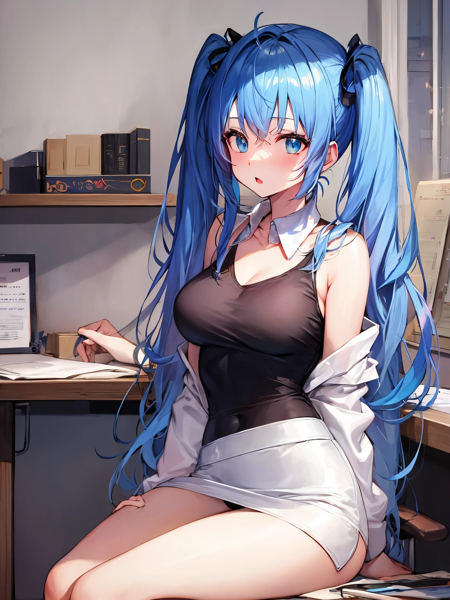 masterpiece、Best image quality、超A high resolution、Browsing Caution、miku hatsune、Blue Hair、Twin tails、Blushing、mock、Open your mouth just a little、White dress shirt、Pencil Skirt、officeレディのベスト、Firm breasts、Shapely breasts、Stylish panties、White panties、sitting with your legs wide apart in an office desk、office