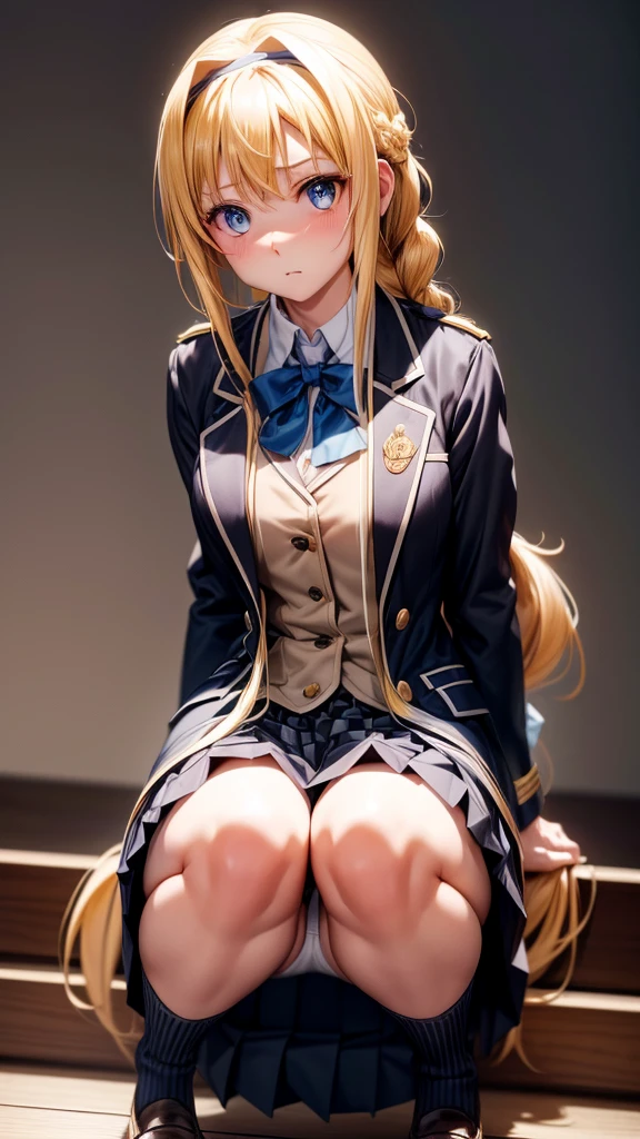 nswf,Arisburg, Alice Zusberg, bangs, blue eyes, Blonde, Hair between the eyes, Very long hair, Braiding, hair band, 白いhair band,((Blazer and Checkered Pleated chool uniform)) Cute girl with undisputed body、[3D Images:1.25],[[Attractive eyes,Detailed eyes、Colorful eyes、Shining Eyes:1.25]]、 highest quality, High resolution, Unity 8K Wallpaper, (figure:0.8), (Beautiful fine details:1.16), Highly detailed face、Dress appropriately, Beautiful fingers、 Elegant,Ultra-precision、[[3D Images]]、[[High quality anime girl with brown hair and brown eyes]]、(((頭からつま先までの構figure)))、(Black knee-high socks)、(loafers)、((skirt lift:1.3))、(((White panties are visible)))、((open legs:1.5))、(((Raise both knees:1.4)))、((((Squatting pose))))、blush、(((Sitting)))、((((Normal position):1.5)))、((Detailed depiction of the crotch))、((Spread your legs wide))