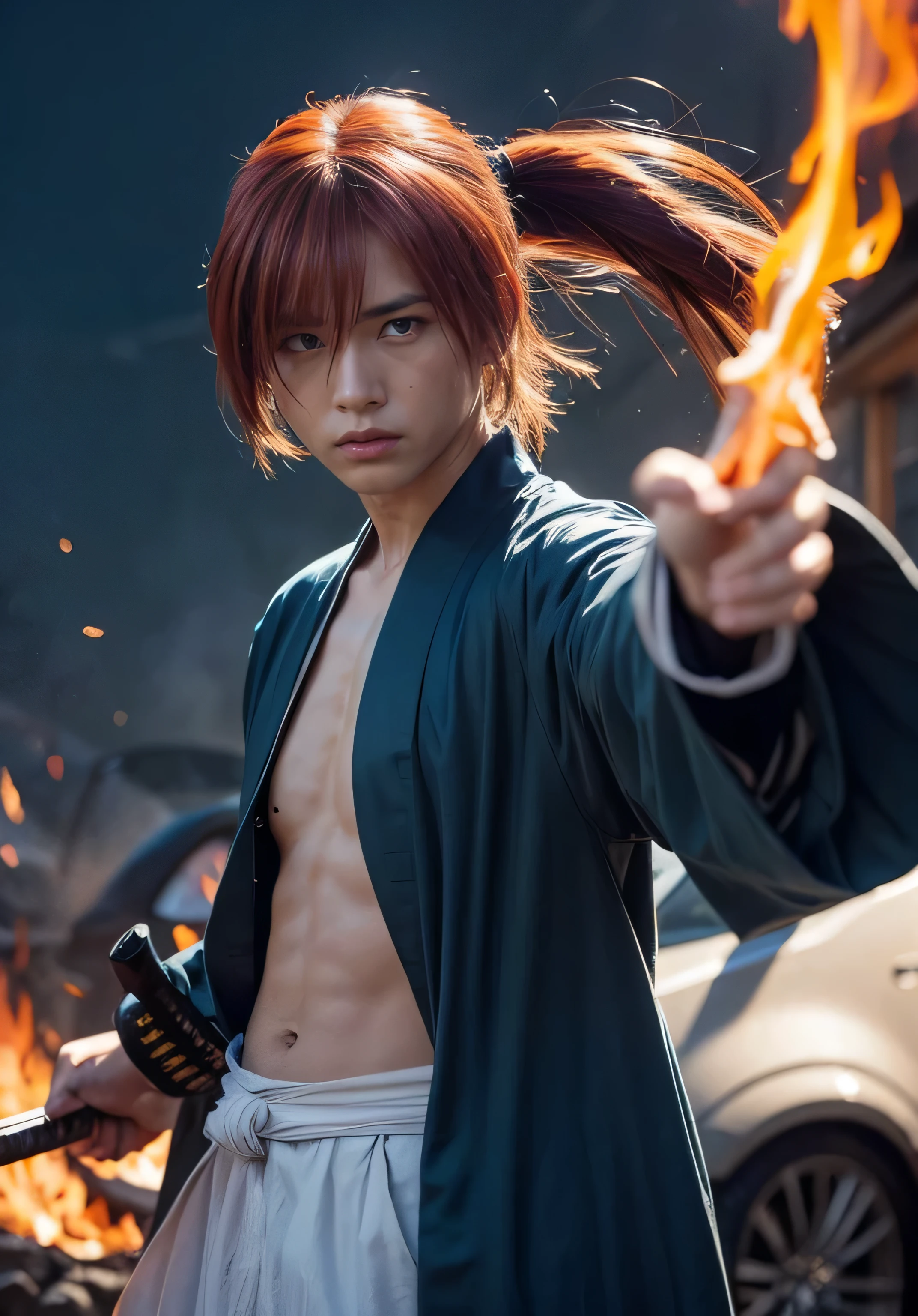 Design amazing postereatures kenshin as the protagonist "Rurouni Kenshin" In the heat of the moment. Capture the essence of his burning determination and indomitable spirit. For he unleashed his anger. Action with a straight sword in hand, Keep it short, Bold, And strongly convey the raw power of Kenshin's anger. Long Hair, ponytail, Red Hair, katana,  cross sign in left cheek,  High quality, photorealistic, 20-year-old man, holding a Katana in his hand, surrounded by fire. The man has a determined posture,  He is wearing a red kimono with intricate patterns, paired with a white hakama .The lighting is realistic, emphasizing the intensity of the scene.