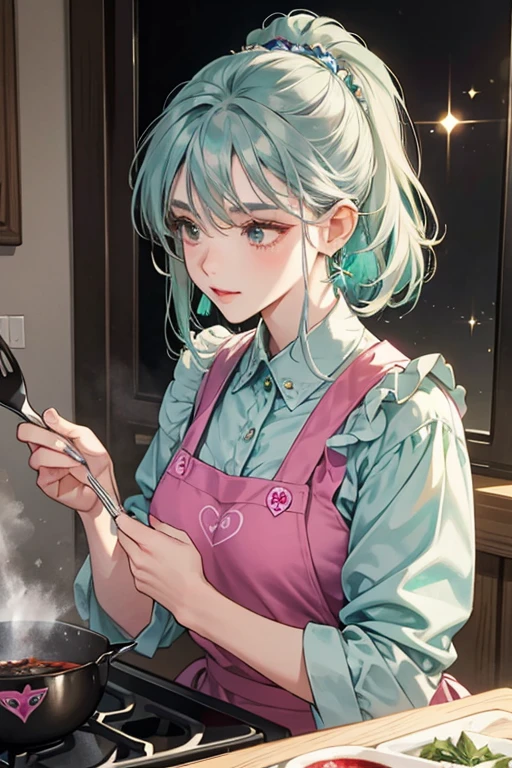 She has a head of tall, puffy, blue-grey hair, and wears a pair of pale emerald green earrings. She typically wears a magenta shirt, and a cooking apron with a heart on it. SPARKLE; GLITTER