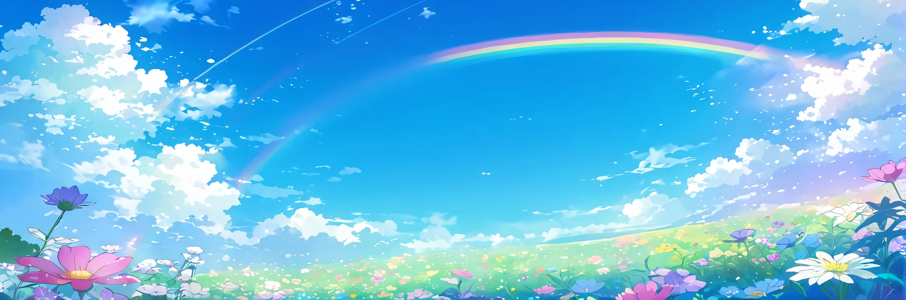 there is a Rainbow in the sky over a field of flowers, Rainbow Background, anime Background Art, Colorful anime movie background, Anime Background, Rainbow in the sky, Beautiful peaceful scene in anime, anime landscape wallpapers, Bright rainbow halo, Awesome Wallpapers, Great background, Beautiful Wallpapers, Just one rainbow 8 K, Rainbow Background, Beautiful anime scenery, Background Artwork, Background Art