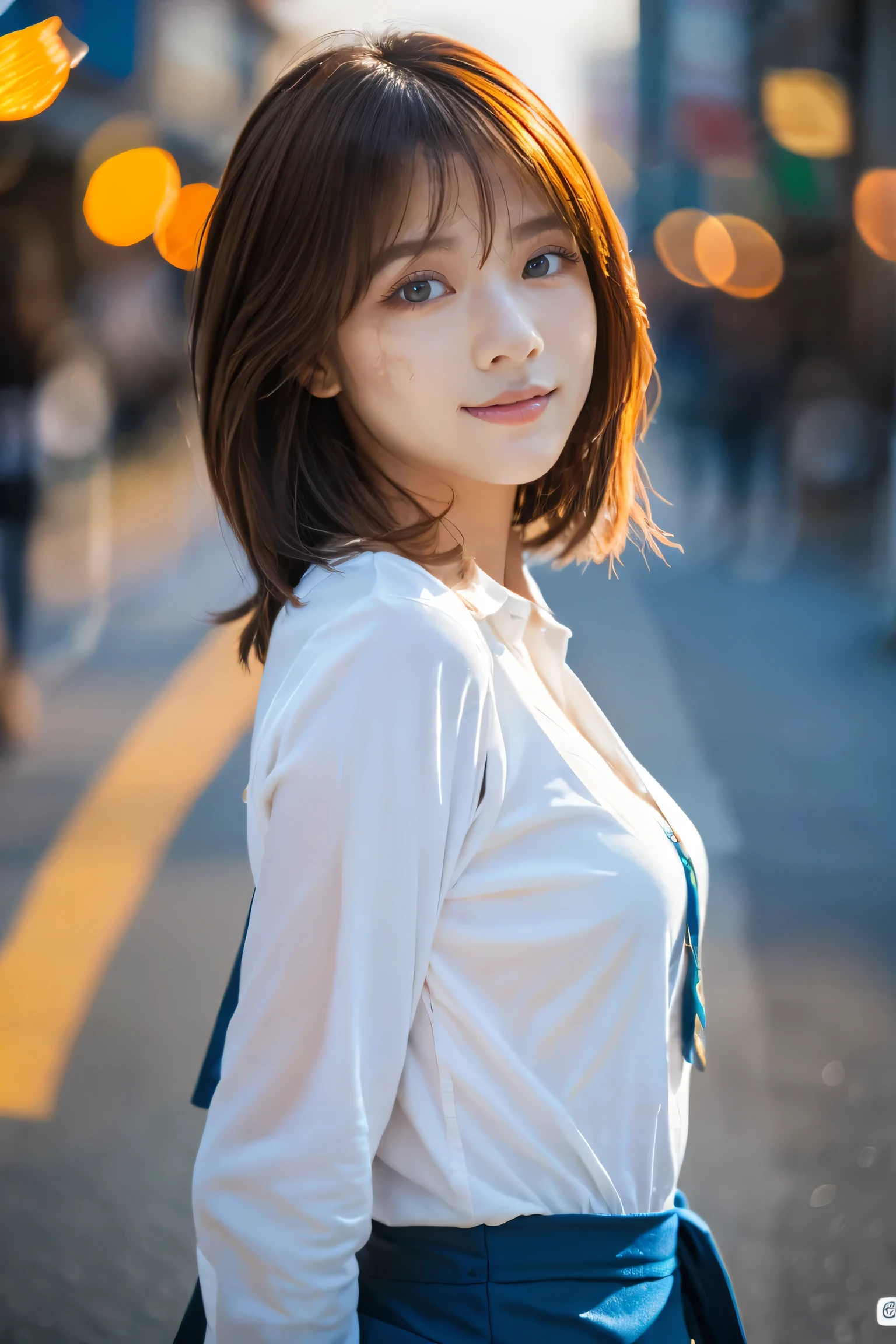 (18-year-old female), (The best quality at its best:1.4), (Super detailed), (Very detailed CG unified 16k), Beautiful woman with perfect figure: 1.4, Sharp focus: 1.2, Very detailed, High-quality RAW color photos, Professional photography, Great face and eyes, Beautiful eyelashes、cosmetics, (Amazingly beautiful girl), ((blouse, Tight Skirt)), Are standing, Sexy posture,(Stylish cityscape, dawn:1.3), (View from below), Realistic movie faces, Wide zoomed out view of head to foot length, Full body long view, Realistic, ((Realistic natural orange red hairstyle, Realistic blue eyes, Short Bob Hair)), nice, Very beautiful face, Perfect model beauty, Mouth swelling, Highly detailed face and skin texture, Fine grain, double eyelid, Medium chest, smile, Crack, west, (masterpiece), highest quality, High resolution, Very detailed, Blurred Background, Depth of written boundary, Cinema Lighting, Great legs, High heels, Clear, well-maintained skin, (((Women make up the majority of the photo)))