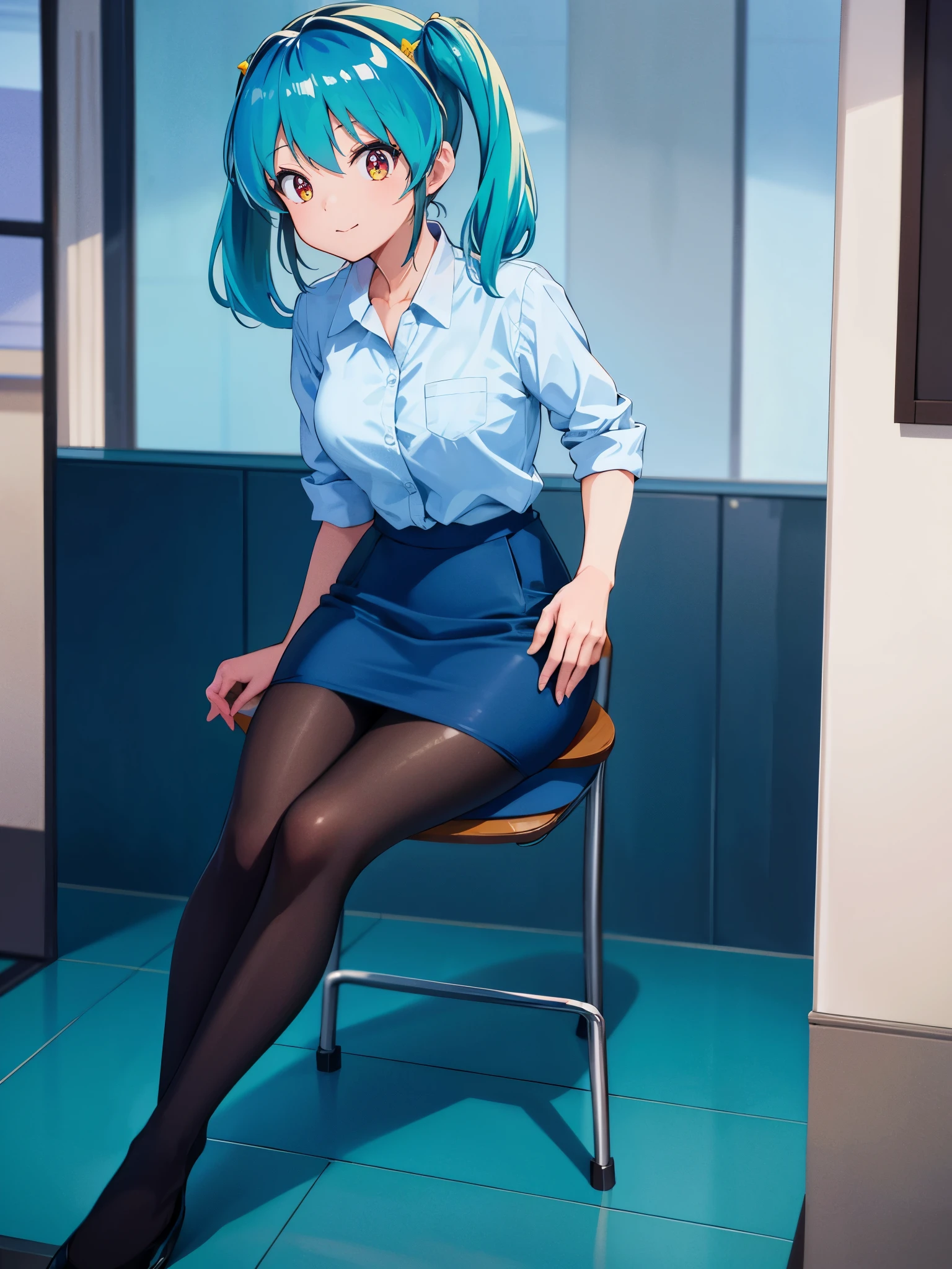 (One Girl),(high quality), (High resolution), (Very detailed), (In 8K),(Lower Body Shot),Urusei Yatsura no Ram,masterpiece、Best image quality、超A high resolution、miku hatsune、Blue Hair、Twin tails、short hair、Cute Smile、White dress shirt、Pencil Skirt、officeレディのベスト、Firm breasts、Shapely breasts、Black Pantyhose、sitting in an office chair、office