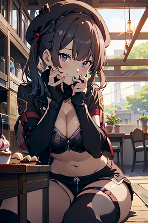 (from below:1.2),(from side:0.9), ((cute Face)), (Close-Up:0.6), ((looking at viewer, holding a icecream)),(Italian sweets magazine cover:0.4), highest quality、(real、photorealistic:1.5),(ultra high resolution,dark blue hair,long hair,side ponytail,hair between eyes,bangs, (beret, black jacket, ????????????, cleavage, midriff, black shorts, black thighhighs, thigh strap, fingerless gloves, single glove:1.2), (double breasted,under bust:1.2), sitting at a table, cute, anime visual of a cute girl, cute anime girl, eating cakes, young anime girl, guweiz, high quality anime artstyle, anime girl, artwork in the style of guweiz, beautiful anime girl, pretty anime girl, (anime girl), official artwork,(with sparkling eyes and a contagious smile),her thin pubic hair, looking at viewer, pose muy ????" 