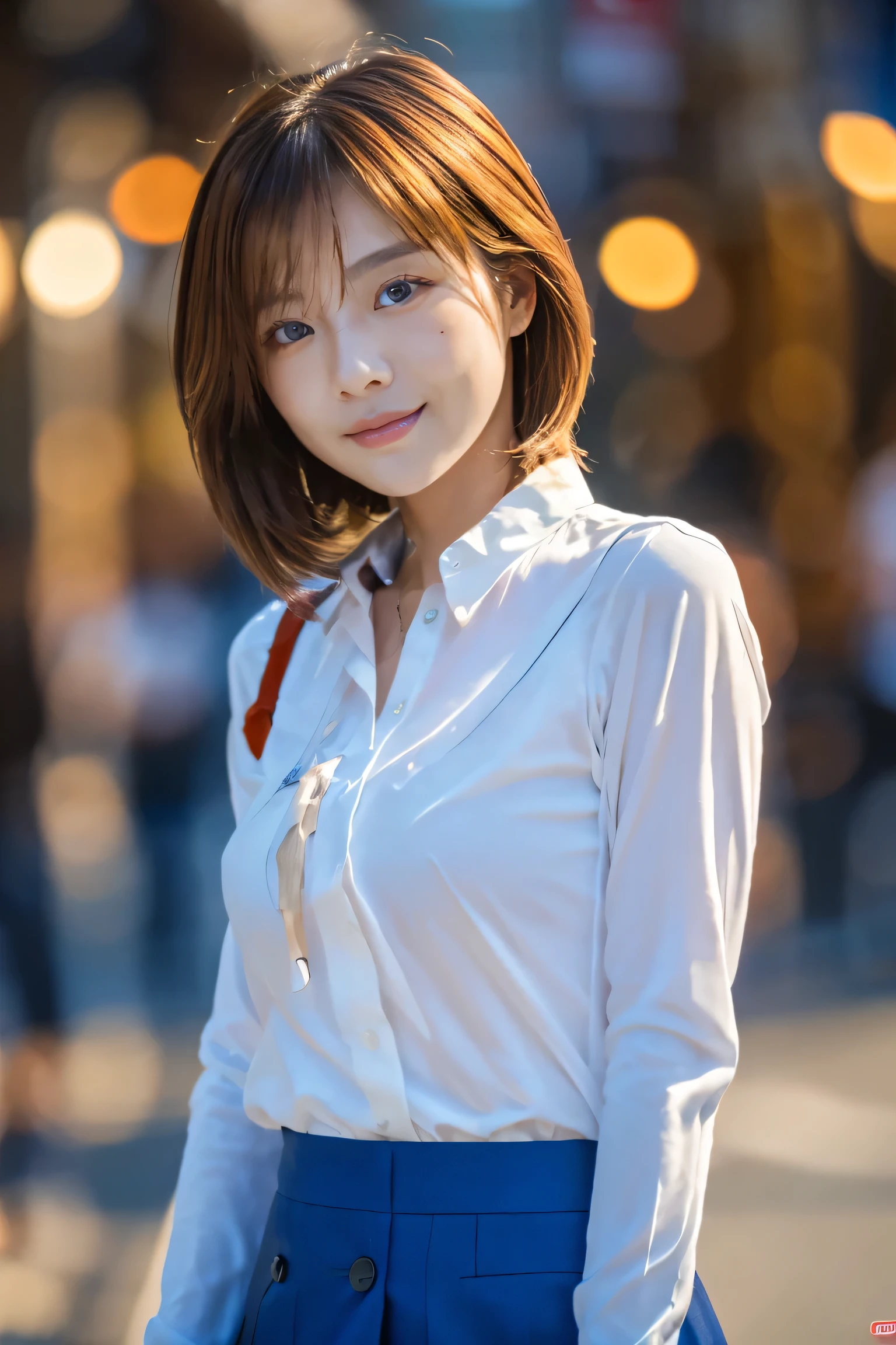 (18-year-old female), (The best quality at its best:1.4), (Super detailed), (Very detailed CG unified 16k), Beautiful woman with perfect figure: 1.4, Sharp focus: 1.2, Very detailed, High-quality RAW color photos, Professional photography, Great face and eyes, Beautiful eyelashes、cosmetics, (Amazingly beautiful girl), ((blouse, Tight Skirt)), Are standing, Sexy posture，(Stylish cityscape, dawn:1.3), (View from below), Realistic movie faces, Wide zoomed out view of head to foot length, Full body long view, Realistic, ((Realistic natural orange red hairstyle, Realistic blue eyes, Short Bob Hair)), nice, Very beautiful face, Perfect model beauty, Mouth swelling, Highly detailed face and skin texture, Fine grain, double eyelid, Medium chest, smile, Crack, west, (masterpiece), highest quality, High resolution, Very detailed, Blurred Background, Depth of written boundary, Cinema Lighting, Great legs, High heels, Clear, well-maintained skin, (((Women make up the majority of the photo)))