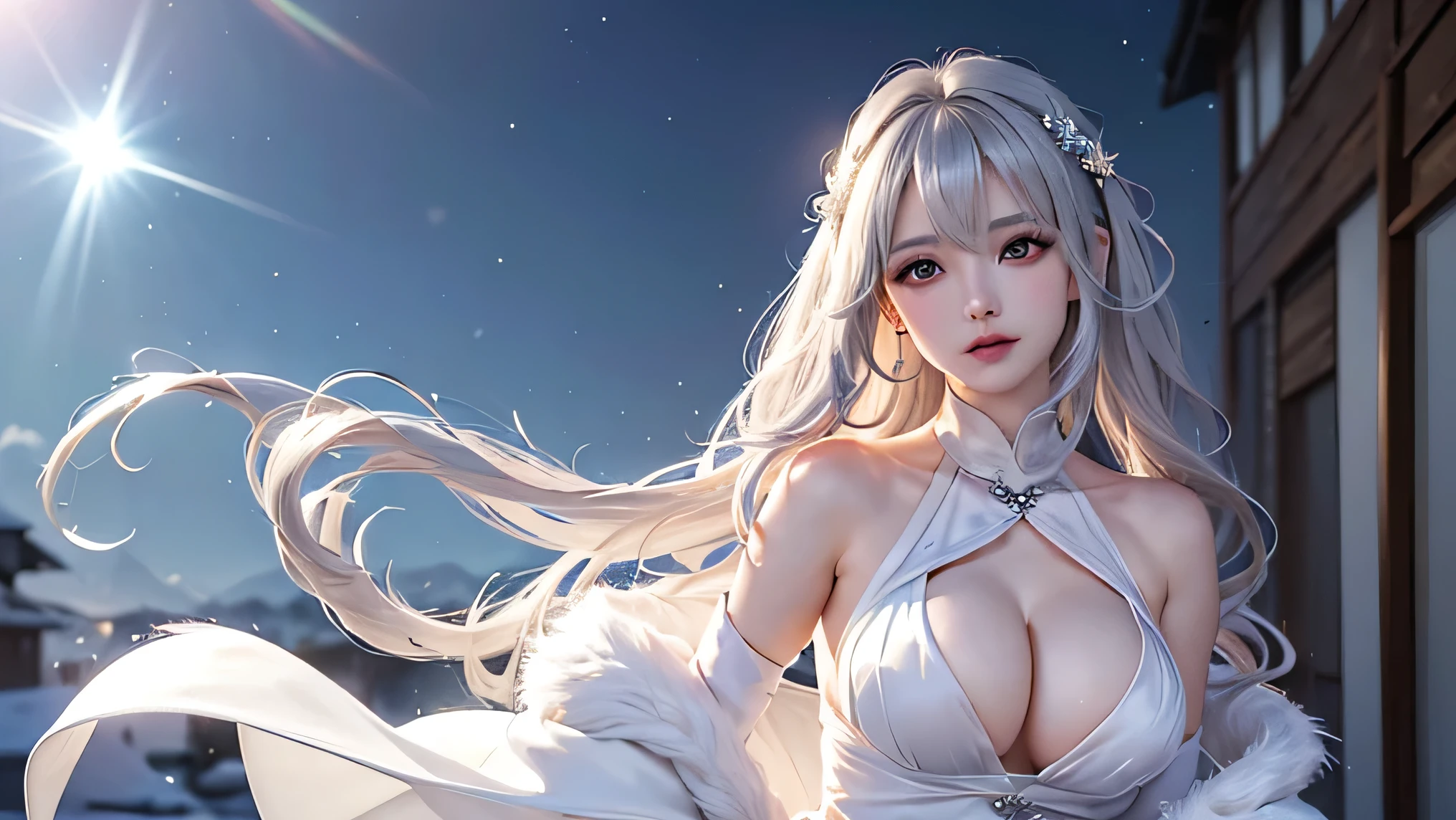 (breast enhancement:1.5)((masterpiece:1.5、8k、Portrait、Photorealistic and very detailed CG、Very detailed、Particle Effects、Dynamic Effects、Written boundary depth、Cinematic Light、Lens flare、Ray Tracing、Tabletop、Realistic:1.4、超A high resolution:1.2、Realistic、Realistic))((alone、A woman wearing a white fur long coat over a halter neck dress:1.4、Elegant woman posing:、Detailed face、Bright expression、Younger, brighter, whiter skin、small breasts:1.4、Best Looks、The ultimate beauty、Silver hair with dazzling highlights、Shiny bright hair,、Super long, silky curly hair、hair dancing in the wind))(morning、The setting is a snowy hill overlooking ruins.)((The dress has a halter neck that doesn't reveal cleavage but does show a little sideboob.))