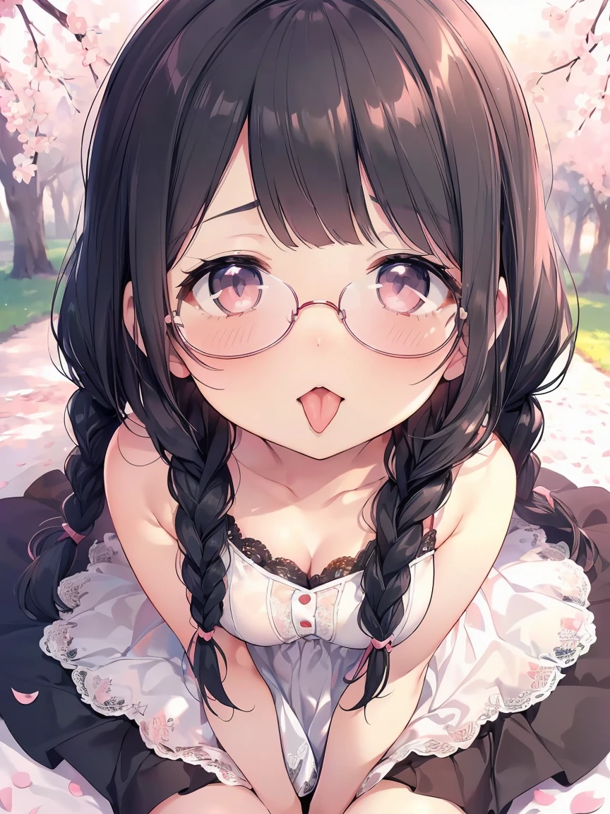 Very detailed, highest quality, High resolution, Moe Anime, ((A cute elementary school girl with black hair and droopy eyes)), ((Wearing large round glasses:1.4)), (Baby Face), Cute eyes, Detailed eye depiction, Sparkle in the eyes, View your viewers, Pale skin, (Big eyes:1.4, Droopy eyes:1.4, Fatty face:1.4), smile, Focus on the face, In the park with cherry blossoms falling, Sitting, (Extreme close up of tongue), (((From above))), Open your mouth, (((Face only:1.3))), ((white lace sleeveless dress)), Bright Eyes, Light from the front, (Put your hands between your legs:1.4), large and long tongue, Cleavage, Braided hairstyle, Pink ribbon