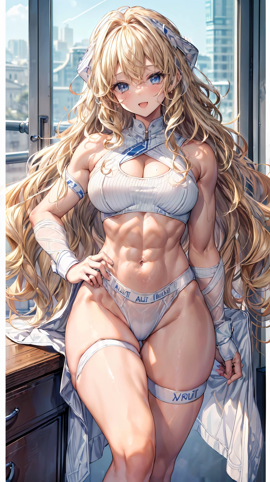 (Adult women:1.5)、Very detailed、highest quality、Best image quality、masterpiece、8k、Anime Face、A kind smile、(Open your mouth:1.3)、Sparkling blue eyes、(Blonde Wavy Hair:1.5)、、Muscles of the whole body、(High leg:1.5)、Thigh belt、(Wearing white underwear:1.5)、(Cowboy Shot:1.5)、SFW Giant