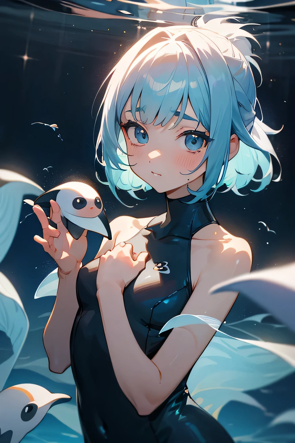 highest quality、High resolution、Detailed Background、(Beautiful face in every detail:1.4)、Anatomically correct、(Draw the usual number of fingers:1.2)、(Detailed facial expressions)、(Detailed eyes:1.2)、(Detailed eyes:1.2)、Beautiful, smooth skin、Teenage beauty、(Highly detailed face:1.4)、Cute color hair color、ponytail、Bobcut、Braided long hair、Wavy Hairstyle、well-groomed eyebrows、Aquarium、Full Coverage Swimsuits、Wetsuits、Vulcanisuit、Cowboy Shot、
Aquariums often have penguin exhibits.、
The penguins' swimming and diving movements underwater are particularly adorable.、
Watching the penguins play in the water is so cute and heartwarming.、
The aquarium may have a touch pool.、
There you can touch creatures such as sea stars and rays.、
Many aquariums regularly hold dolphin shows, which are fun events for both adults and children.、
Dolphins' advanced tricks and jumps、I am fascinated by their cuteness as they watch the underwater dance.、
In the jellyfish exhibit, the colorful jellyfish swimming gracefully can be seen as both fantastical and adorable.、The jellyfish, especially when illuminated in a dark space, are beautiful and adorable.