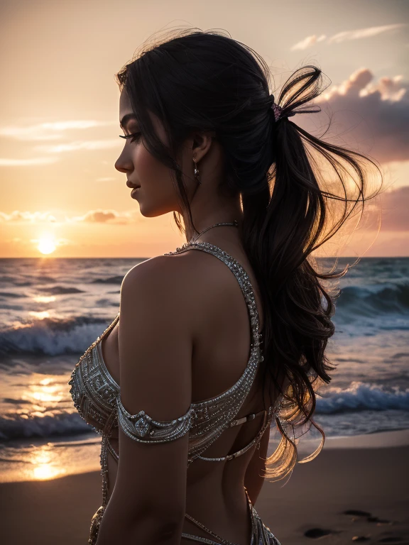 Create a stunning double exposure masterpiece in high quality, 8K Ultra HD resolution. Envision a captivating scene where the silhouette of a goddess intertwines seamlessly with the breathtaking backdrop of a sunset coast. The sunset coast should serve as the underlying backdrop, with its intricate details gracefully incorporated into the form of the goddess.Ensure crisp lines and sharp focus to accentuate the beauty of the double exposure technique. The background should be rendered in monochrome, allowing the goddess silhouette to stand out vividly against it. Harness the power of double exposure to merge the ethereal qualities of the goddess with the awe-inspiring allure of the sunset coast.This artwork, by yukisakura, will be a testament to the artist's skill and creativity, showcasing an awesome full-color spectrum that captures the essence of both elements. Let every pixel exude beauty and sophistication, inviting viewers to immerse themselves in the enchanting fusion of nature 
