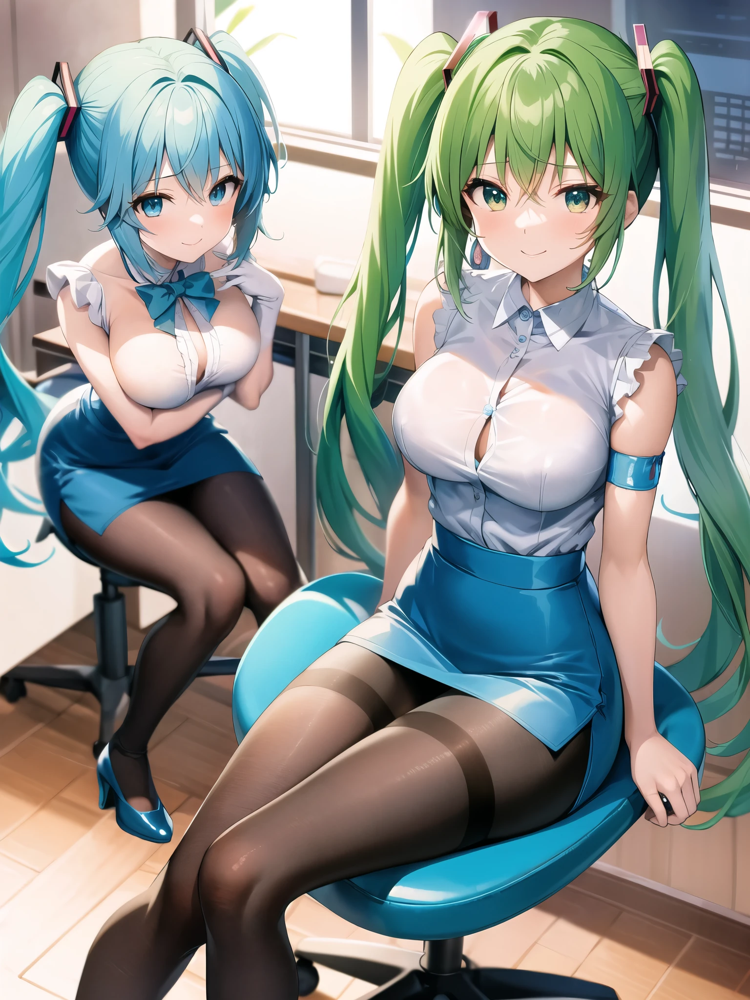 Anime Style, Vibrant, Studio Anime, Very detailed, One Girl,masterpiece、Best image quality、超A high resolution、miku hatsune、Blue Hair、Twin tails、short hair、Cute Smile、White dress shirt、Pencil Skirt、officeレディのベスト、Firm breasts、Shapely breasts、Black Pantyhose、sitting in an office chair、office