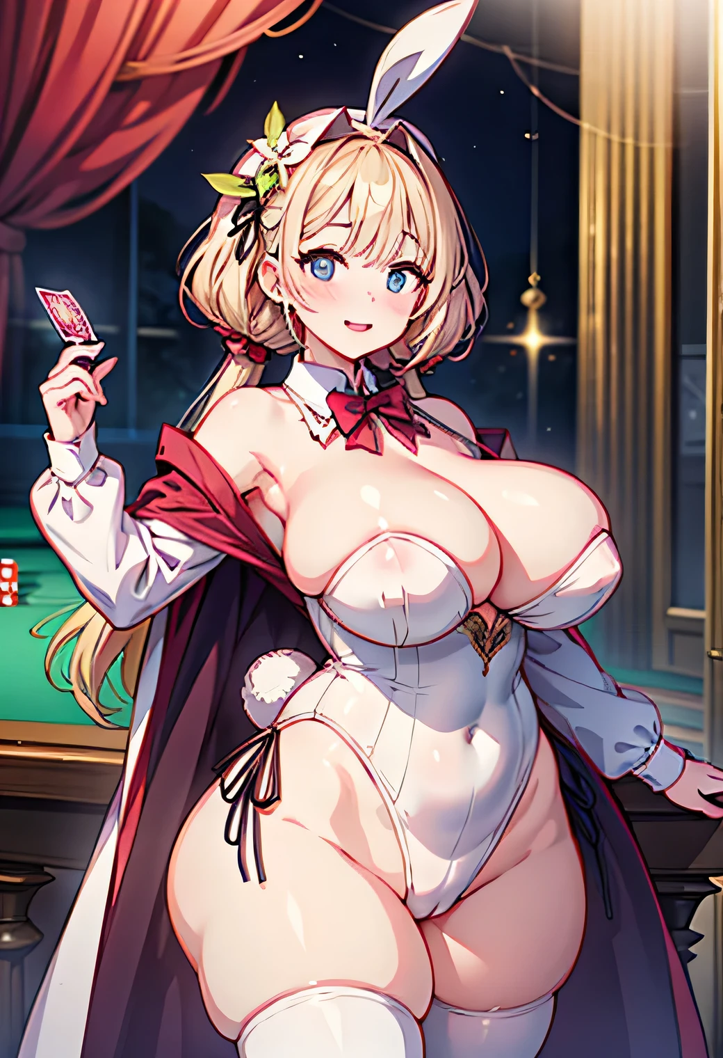 Anime illustration、Fantasy、highest quality、Luxury Casino、dealer、Voluptuous white bunny girl、Perfect proportions、overwhelmingly big breasts、very thick thighs、Beautiful, shining eyes、Blushed、smile、Cowboy Shot