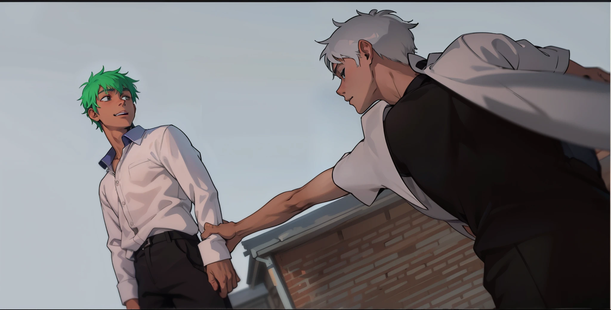 There are two young men, , with gray hair, taking him by the hand to save him.