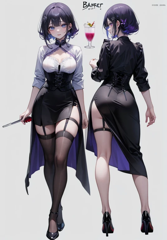Purple Hair,Shortcuts,Adult female,(((bartender))),((Body Harness)),((Roll up your sleevesYshirt)),(corset),(Tight Skirt),((garter belt)),High heels,((Simple Background)),smile,((whole body)),((whole body)),Character Sheet,