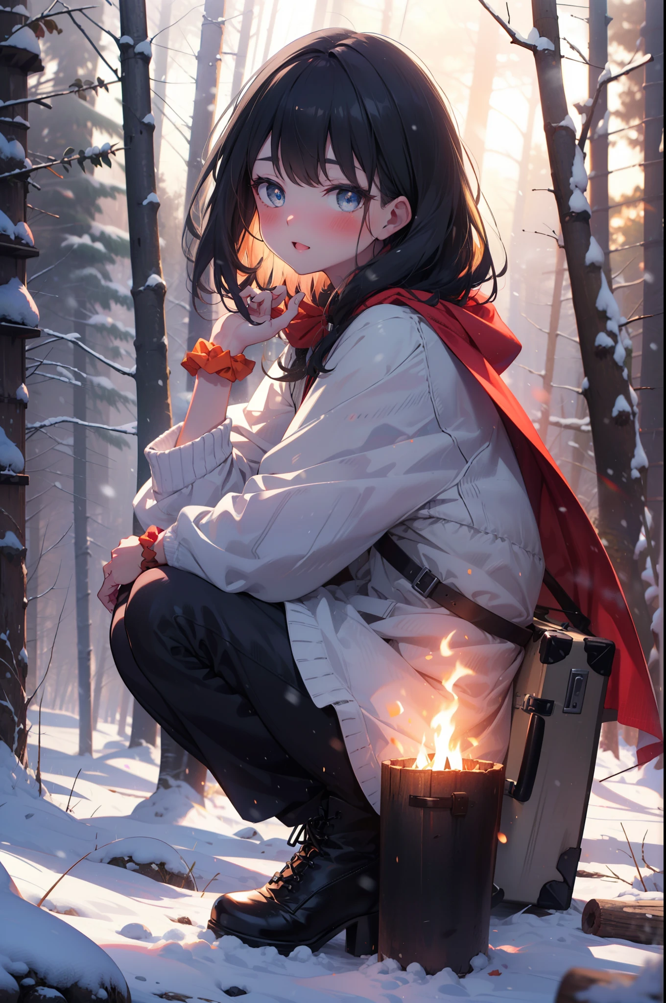 Six flowers, rikka takarada, Black Hair, blue eyes, Long Hair, orange Scrunchie, Scrunchie, wrist Scrunchie,smile,blush,White Breath,
Open your mouth,snow,A bonfire on the ground, Outdoor, boots, snowing, From the side, wood, suitcase, Cape, Blurred, Increase your meals, forest, White handbag, nature, Squat, Mouth closed, フードed Cape, winter, Written boundary depth, Black shoes, red Cape break looking at viewer, Upper Body, whole body, break Outdoor, forest, nature, break (masterpiece:1.2), highest quality, High resolution, unity 8k wallpaper, (shape:0.8), (Beautiful and beautiful eyes:1.6), Highly detailed face, Perfect lighting, Highly detailed CG, (Perfect hands, Perfect Anatomy),