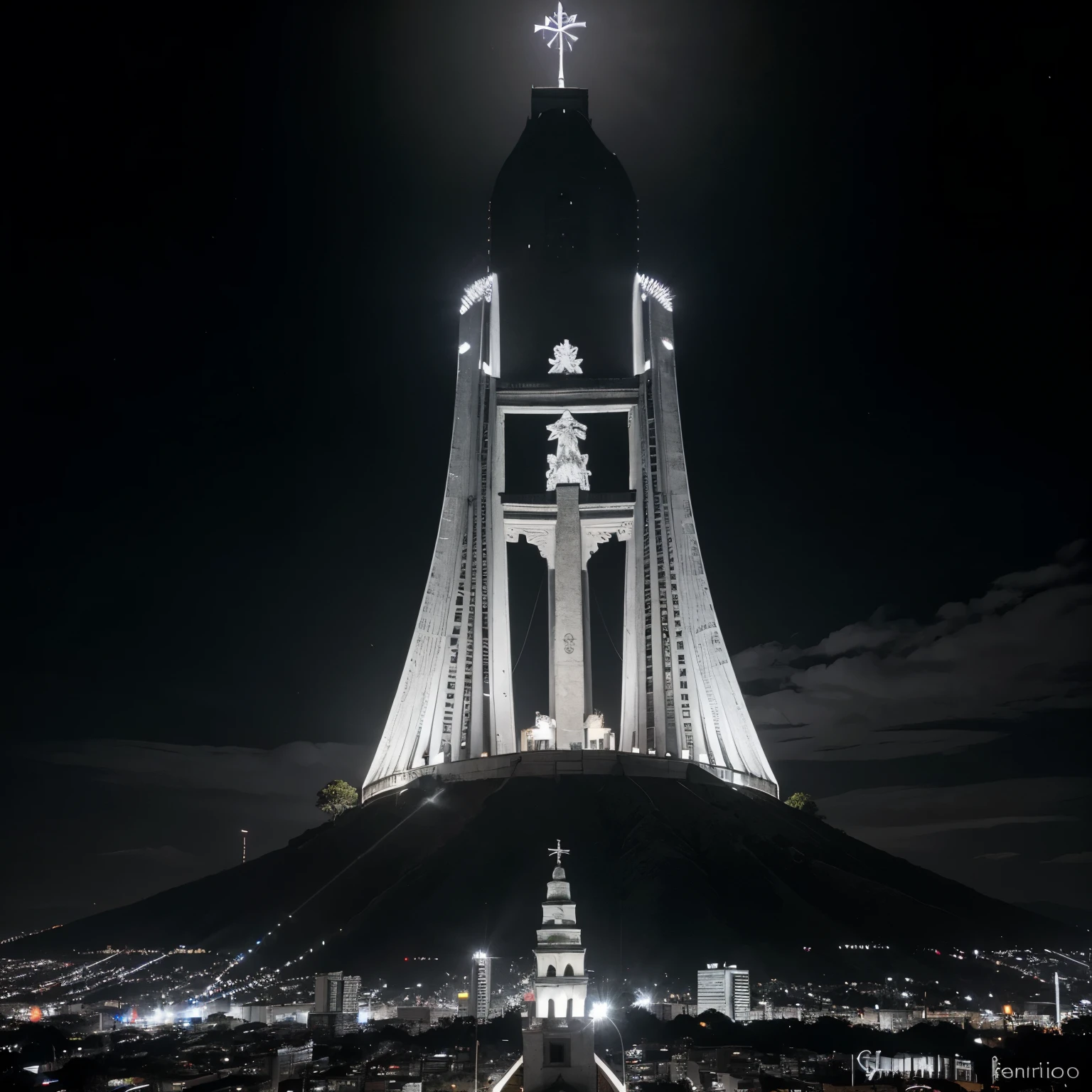 Genera una imagen en blanco y negro facil de dibujar del cerro san cristobal de santiago de chile en donde se vea el teleferico y el costanera center