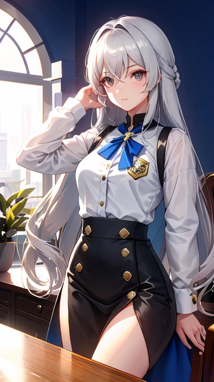 bronya, 1 chica, solo, ((Camisa blanca)), black muslos, senos, escote, uniform, oficina background, Falda negra, falda plisada, oficina, pelo entre los ojos, Pendiente morado, large senos, pelo largo, mirando al espectador, short silver nails, ojos grises, solo, muslos, muslos, very pelo largo, ((Obra maestra)), Session, silla, escritorio, computer on escritorio, etiqueta de nombre, id tag, interior, rubor, pose sexy, hands behind,