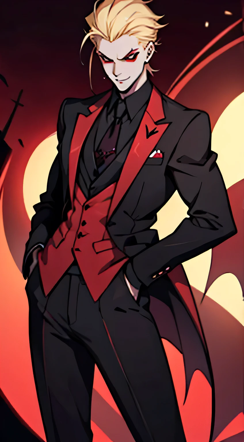 Hazbin Hotel Male Lilith, demon, tall, blonde, black suit, necktie, handsome, 1male, 1guy