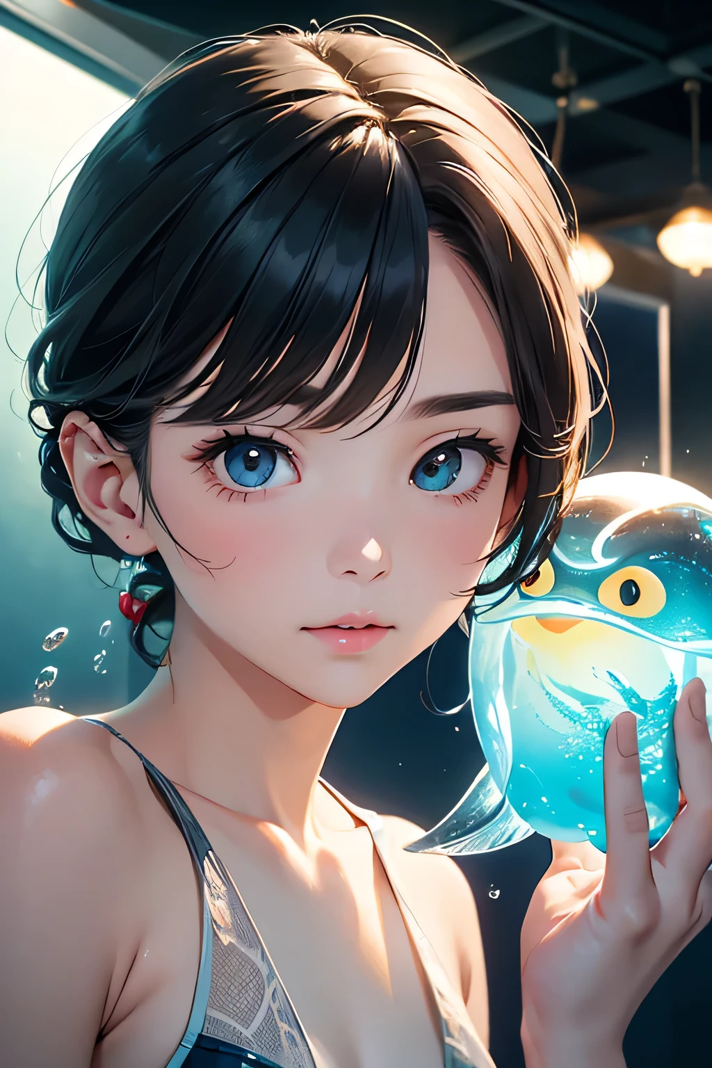highest quality、High resolution、Detailed Background、(Beautiful face in every detail:1.4)、Anatomically correct、(Draw the usual number of fingers:1.2)、(Detailed facial expressions)、(Detailed eyes:1.2)、(Detailed eyes:1.2)、Beautiful, smooth skin、age beauty、(Highly detailed face:1.4)、Cute color hair color、ponytail、Bobcut、well-groomed eyebrows、Aquarium、Full Coverage Swimsuits、Wetsuits、Vulcanisuit、Cowboy Shot、
Aquariums often have penguin exhibits.、
The penguins' swimming and diving movements underwater are particularly adorable.、
Watching the penguins play in the water is so cute and heartwarming.、
The aquarium may have a touch pool.、
There you can touch creatures such as sea stars and rays.、
Many aquariums regularly hold dolphin shows, which are fun events for both adults and chil、
Dolphins' advanced tricks and jumps、I am fascinated by their cuteness as they watch the underwater dance.、
In the jellyfish exhibit, the colorful jellyfish swimming gracefully can be seen as both fantastical and adorable.、The jellyfish, especially when illuminated in a dark space, are beautiful and adorable.