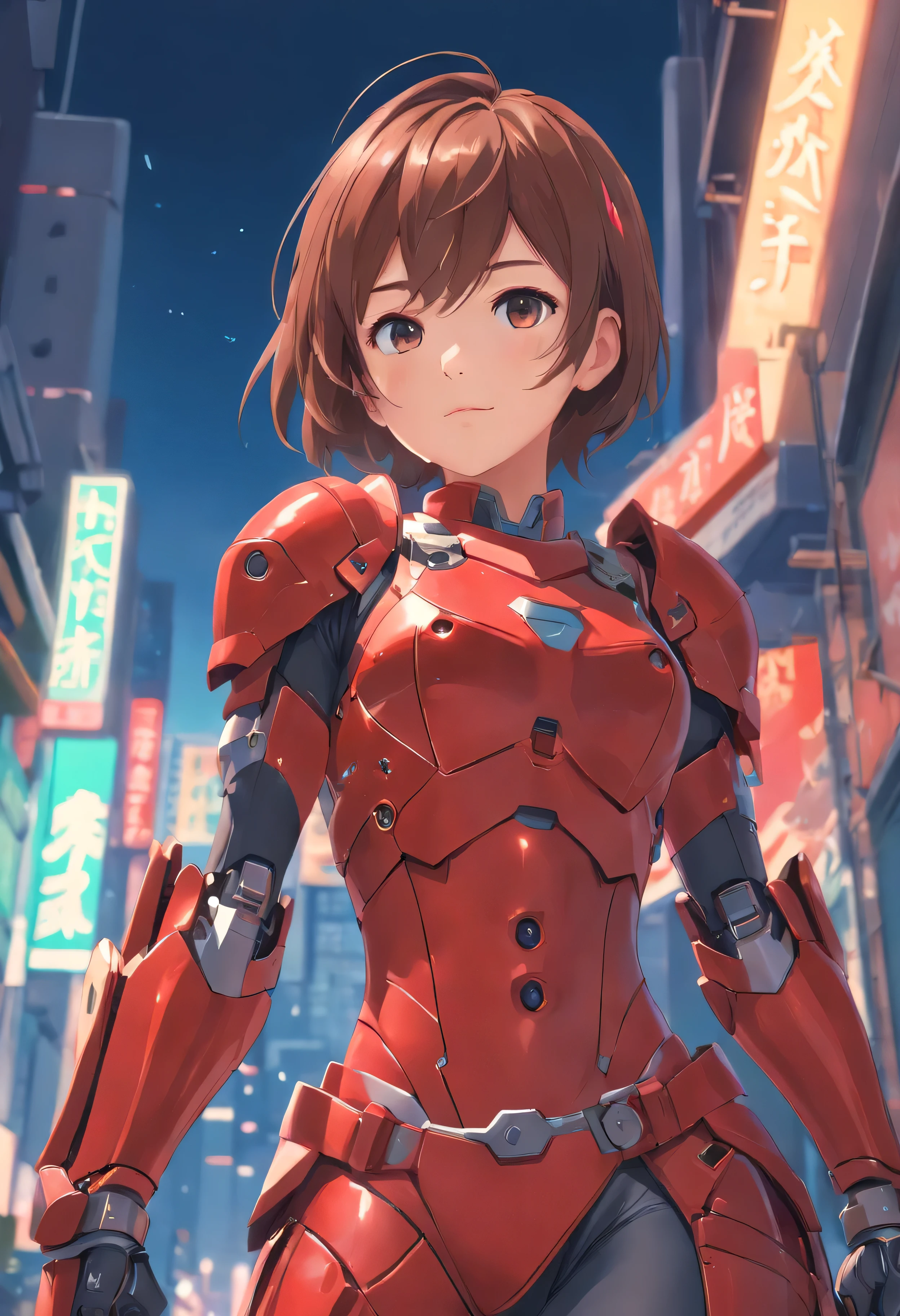 (Master Pieces), (Maximum quality), renderizado, realista, ultra-detalhado, rosto perfeito, corpos perfeitos, 1 Tape, garota linda, Garota de armadura vermelha, mechanical armor, exoesqueleto, stand, Postura legal, sensual, looking from behind
