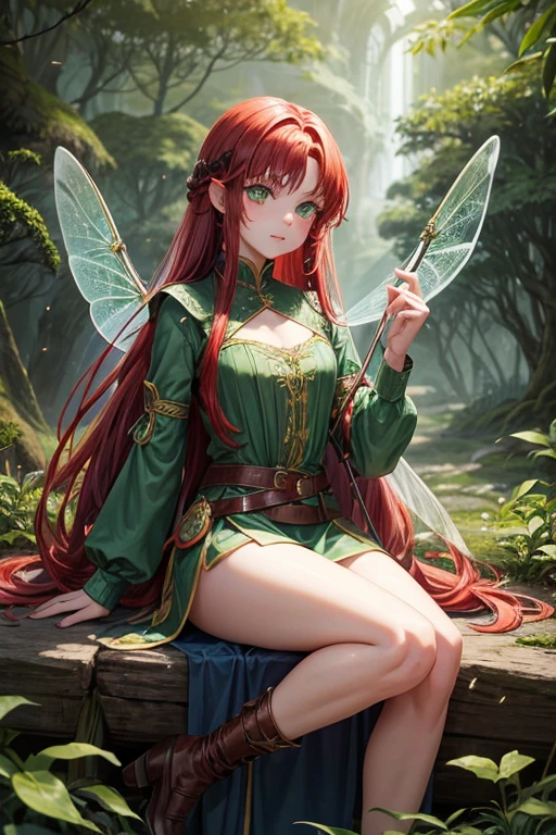 Fairy woman 10 years old with dragonfly wings on her back long red hair , peinado desorenado con orejas puntegudas ,medieval green archer clothing green eyes holding a dagger brown shoes brown leather belt jade ornaments on a forest background with magical symbols