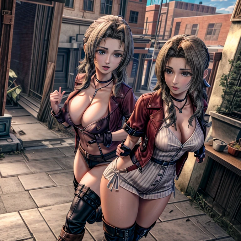 1 girl, alone,Dynamic pose, Cowboy Shot,, (((3D, Video game))),masterpiece, highest quality, Intricate details, 8K Ultra HD, Perfect Face, Perfect Eyes, Aerith Gainsborough,choker, Cropped jacket, Hair Bow, bracelet, Blonde、Pink Dress, Brown boots 、Final Fantasy VII、Camel Toe、Giant tit、Nipple Puffs、Cleavage、Plump、Super big breasts、Super big butt、Cowboy Shot