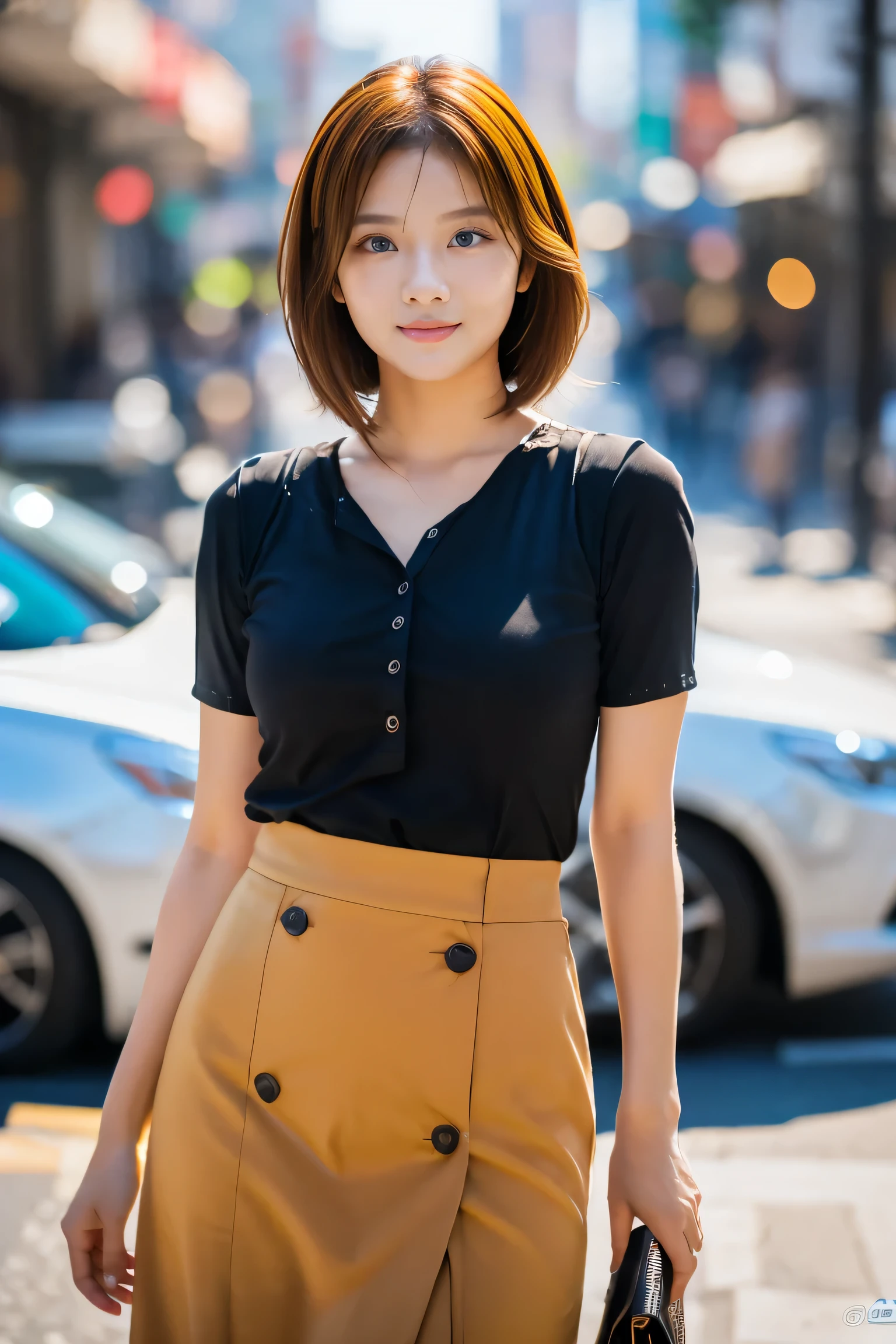 (18-year-old female), (The best quality at its best:1.4), (Super detailed), (Very detailed CG unified 16k), Beautiful woman with perfect figure: 1.4, Sharp focus: 1.2, Very detailed, High-quality RAW color photos, Professional photography, Great face and eyes, Beautiful eyelashes、cosmetics, (Amazingly beautiful girl), ((blouse, Tight Skirt)), Are standing, Sexy posture,(Stylish cityscape, dawn:1.3), (View from below), Realistic movie faces, Wide zoomed out view of head to foot length, Full body long view, Realistic, ((Realistic natural orange red hairstyle, Realistic blue eyes, Short Bob Hair)), nice, Very beautiful face, Perfect model beauty, Mouth swelling, Highly detailed face and skin texture, Fine grain, double eyelid, Medium chest, smile, Crack, west, (masterpiece), highest quality, High resolution, Very detailed, Blurred Background, Depth of written boundary, Cinema Lighting, Great legs, High heels, Clear, well-maintained skin, (((Women make up the majority of the photo)))