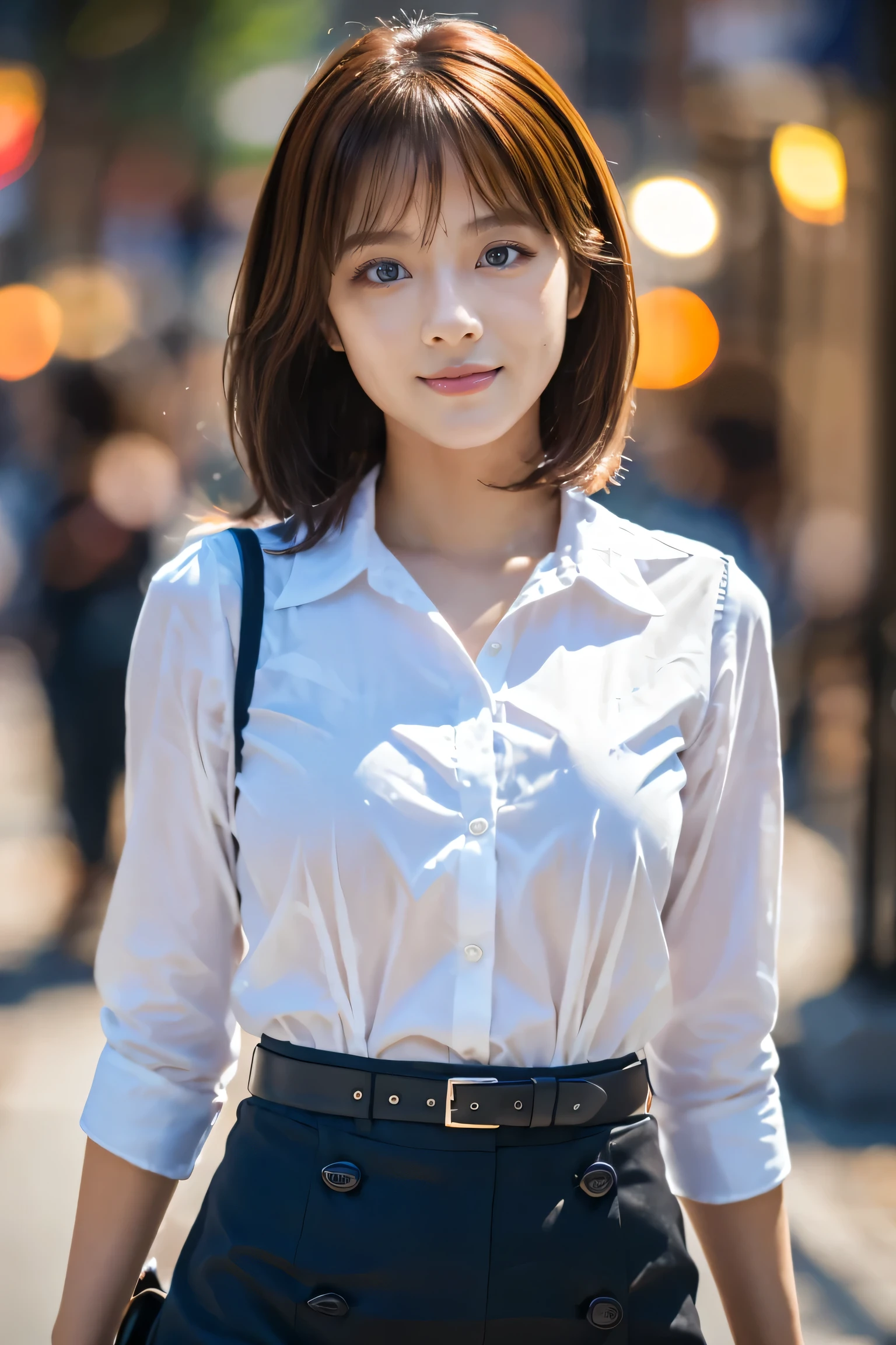 (18-year-old female), (The best quality at its best:1.4), (Super detailed), (Very detailed CG unified 16k), Beautiful woman with perfect figure: 1.4, Sharp focus: 1.2, Very detailed, High-quality RAW color photos, Professional photography, Great face and eyes, Beautiful eyelashes、cosmetics, (Amazingly beautiful girl), ((blouse, Tight Skirt)), Are standing, Sexy posture，(Stylish cityscape, dawn:1.3), (View from below), Realistic movie faces, Wide zoomed out view of head to foot length, Full body long view, Realistic, ((Realistic natural orange red hairstyle, Realistic blue eyes, Short Bob Hair)), nice, Very beautiful face, Perfect model beauty, Mouth swelling, Highly detailed face and skin texture, Fine grain, double eyelid, Medium chest, smile, Crack, west, (masterpiece), highest quality, High resolution, Very detailed, Blurred Background, Depth of written boundary, Cinema Lighting, Great legs, High heels, Clear, well-maintained skin, (((Women make up the majority of the photo)))