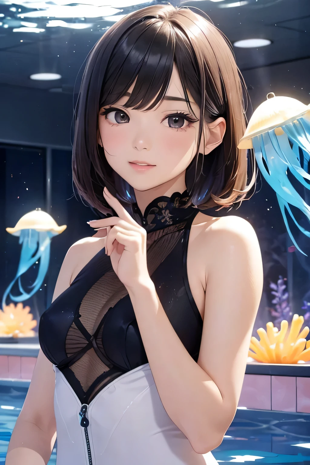 highest quality、High resolution、Detailed Background、(Beautiful face in every detail:1.4)、Anatomically correct、(Draw the usual number of fingers:1.2)、(Detailed facial expressions)、(Detailed eyes:1.2)、(Detailed eyes:1.2)、Beautiful, smooth skin、age beauty、(Highly detailed face:1.4)、Cute color hair color、ponytail、Bobcut、well-groomed eyebrows、Aquarium、Full Coverage Swimsuits、Wetsuits、Vulcanisuit、Cowboy Shot、

Aquariums often have penguin exhibits.、
The penguins&#39; swimming and diving movements underwater are particularly adorable.、
Watching the penguins play in the water is so cute and heartwarming.、

The aquarium may have a touch pool.、
There you can touch creatures such as sea stars and rays.、

Many aquariums regularly hold dolphin shows, which are fun events for both adults and children.、
Dolphins&#39; advanced tricks and jumps、I am fascinated by their cuteness as they watch the underwater dance.、

In the jellyfish exhibit, the colorful jellyfish swimming gracefully can be seen as both fantastical and adorable.、The jellyfish, especially when illuminated in a dark space, are beautiful and adorable.
