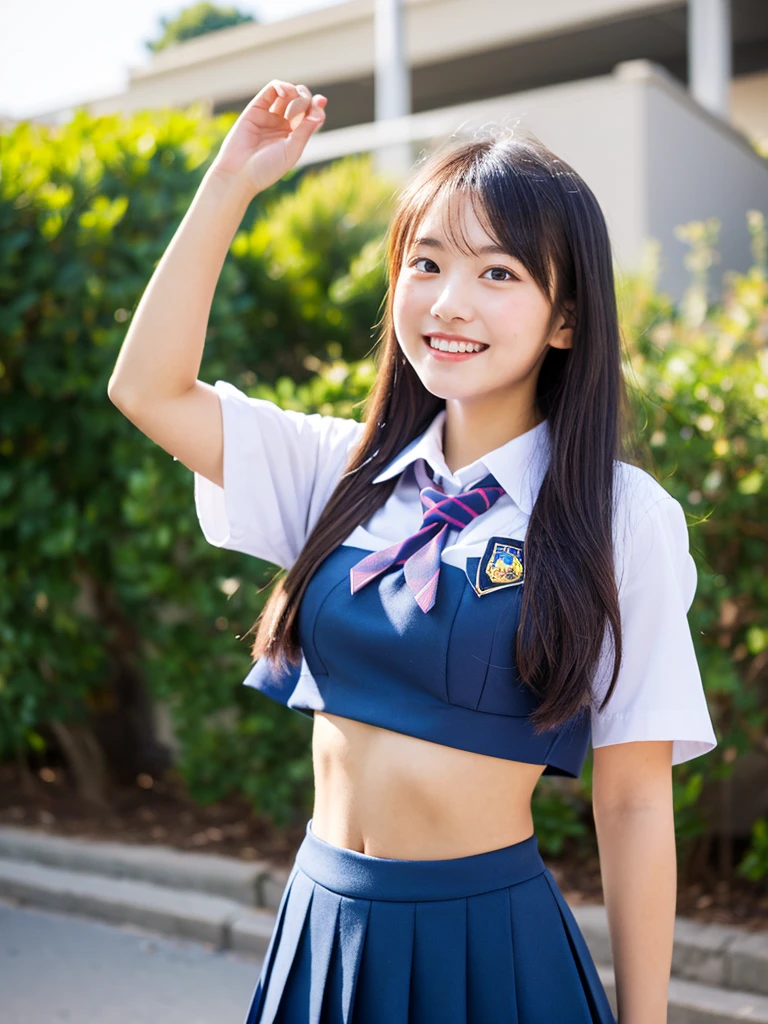 masterpiece、top-quality, high resolution、8K high image quality、Photogenic clarity, (fullbody shot:1.1),(from front shot:1.5), A detailed eye, standing in high school entrance, (1girl),high school student,18 years old,((schoolgirl uniform)) ,(exposed stomach:1.2),cute,Happy smiling face,slender, Narrow waist,