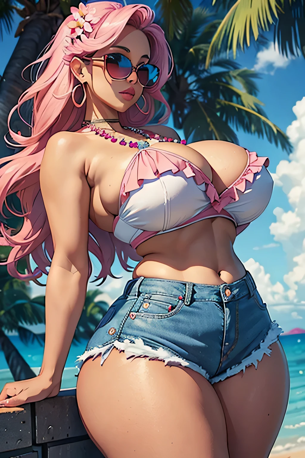 Best quality, solo mature woman, giant breasts, giant ass, very curvy, tanned skin, middle parted hair with curled ends, sea pink eyes, full lips, seductive, sea pink sunglasses, rhinestone beaded singlet, pleated denim skirt, flower earrings, flower necklace, thick thighs, curvy physique