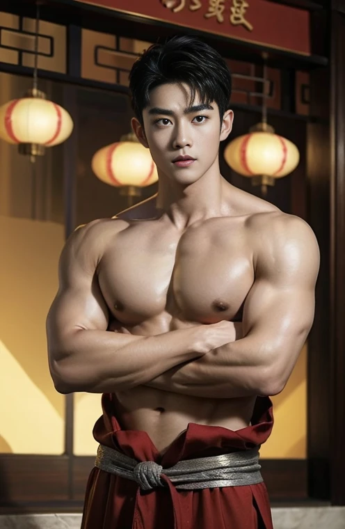2 Handsome chinese guy kissing, 25 years old,hug, cuddle, touching lips, skin ship, romantic, Asian, chinese hansome actor, kpop idol, handsome male model,manly, master work, best picture quality, higher quality, high detail, super high resolution, 8k resolution, perfect eyes, perfect skin, manly jawline, manly chin, perfect hands, big muscles, bare chest, tattoos chest, tattoo hands, tattoo arms, glowing eyes, short hair, hair details, detailed background , open Hanfu transparent tulle jacket, ((red and golden clothes with silver decoration)), super sexy loincloth, naked, long big erection dick, detailed perfect dick shape, Chinese garden background, Chinese kung fu, dragon-themed costumes, monk robes, spinning floating particles, chinese temple in background, looking at viewer