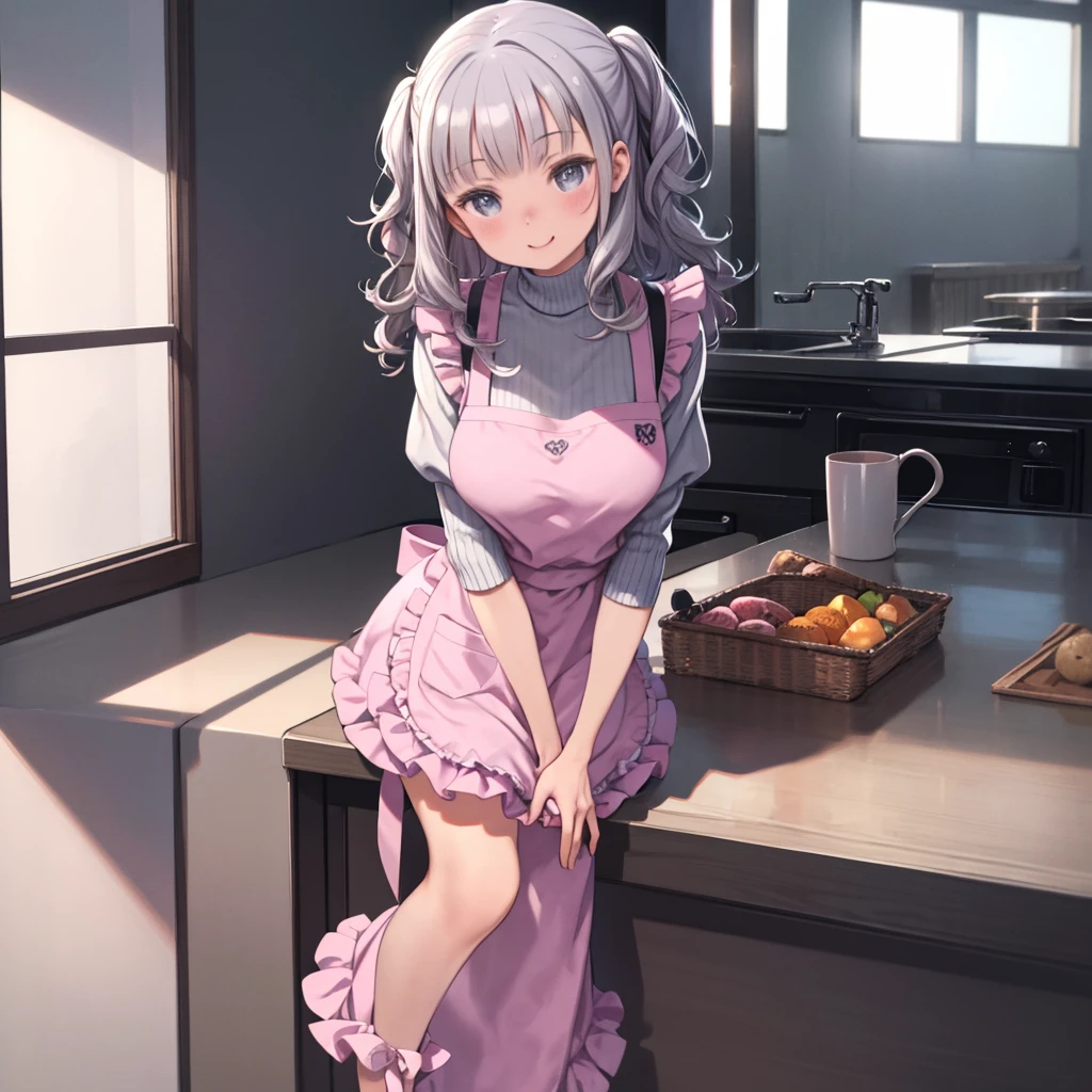 masterpiece、highest quality、High resolution、Very detailed、Medium wide shot、Girl、Beautiful eyes、Silver Hair、Curly Hair、Big Breasts、Gray turtleneck sweater、((Pink frilly apron))、mini skirt、laughing、Leaning forward、Leaning body、kitchen、Peering into the audience、