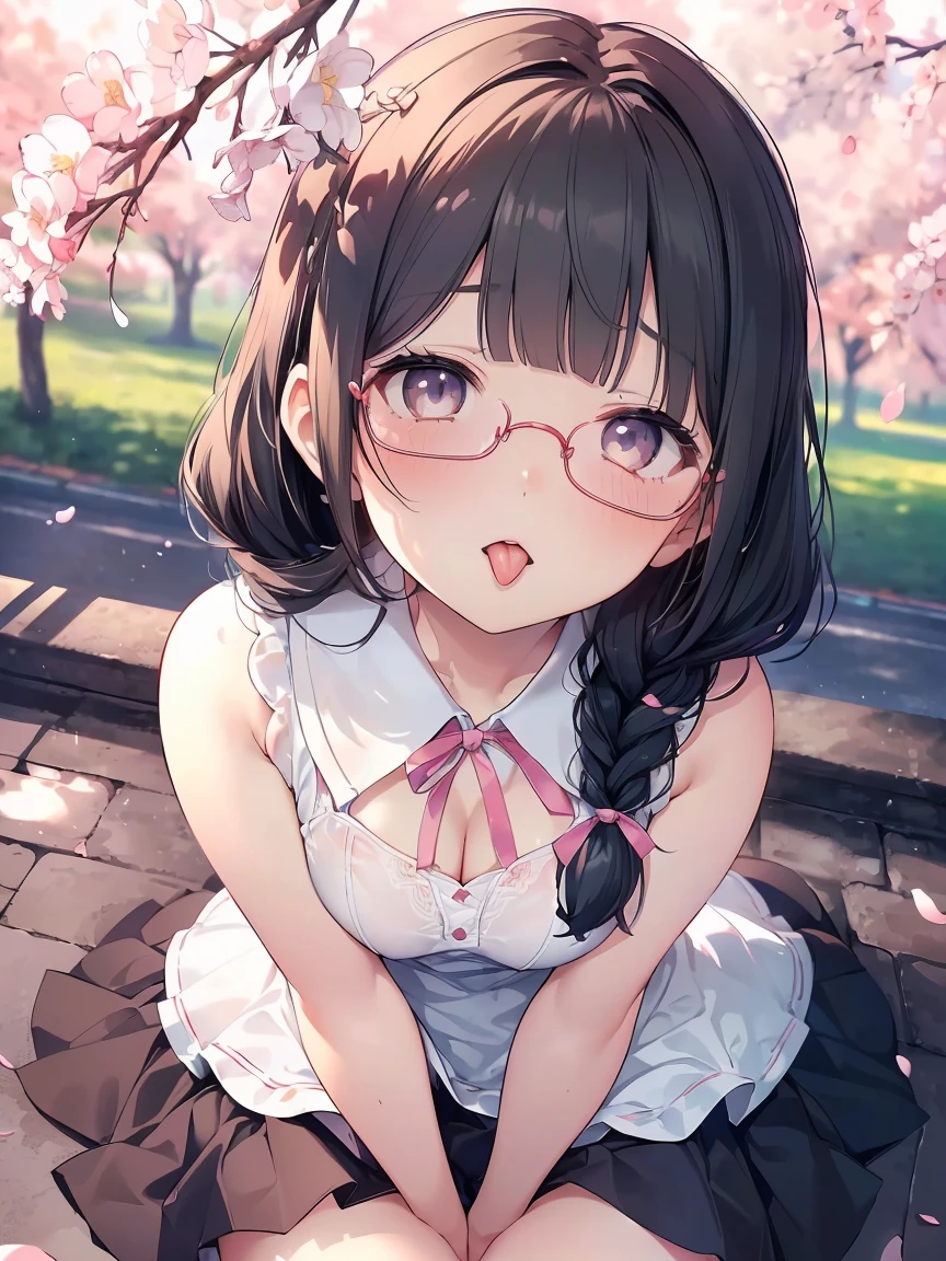 Very detailed, highest quality, High resolution, Moe Anime, ((A cute elementary school girl with black hair and droopy eyes)), ((Wearing large round glasses:1.4)), (Baby Face), Cute eyes, Detailed eye depiction, Sparkle in the eyes, View your viewers, Pale skin, (Big eyes:1.4, Droopy eyes:1.4, Fatty face:1.4), smile, Focus on the face, In the park with cherry blossoms falling, Sitting, (Extreme close up of tongue), (((From above))), Open your mouth, (((Face only:1.3))), ((white lace sleeveless dress)), Bright Eyes, Light from the front, (Put your hands between your legs:1.4), large and long tongue, Cleavage, Braided hairstyle, Pink ribbon