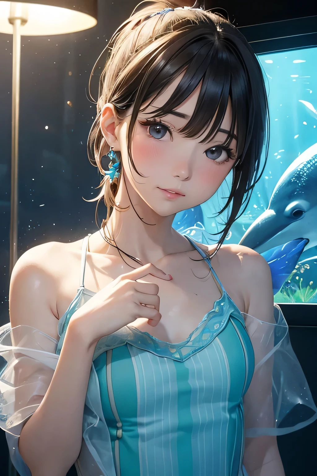 highest quality、High resolution、Detailed Background、(Beautiful face in every detail:1.4)、Anatomically correct、(Draw the usual number of fingers:1.2)、(Detailed facial expressions)、(Detailed eyes:1.2)、(Detailed eyes:1.2)、Beautiful, smooth skin、Teenage beauty、(Highly detailed face:1.4)、Cute color hair color、ponytail、Bobcut、well-groomed eyebrows、Aquarium、Full Coverage Swimsuits、Wetsuits、Vulcanisuit、Cowboy Shot、
Aquariums often have penguin exhibits.、
The penguins' swimming and diving movements underwater are particularly adorable.、
Watching the penguins play in the water is so cute and heartwarming.、
The aquarium may have a touch pool.、
There you can touch creatures such as sea stars and rays.、
Many aquariums regularly hold dolphin shows, which are fun events for both adults and children.、
Dolphins' advanced tricks and jumps、I am fascinated by their cuteness as they watch the underwater dance.、
In the jellyfish exhibit, the colorful jellyfish swimming gracefully can be seen as both fantastical and adorable.、The jellyfish, especially when illuminated in a dark space, are beautiful and adorable.