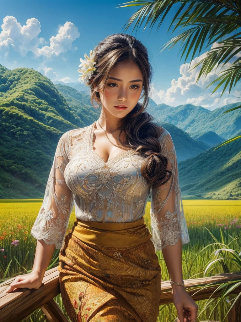 Gorgeous busty alluring curvy seducing Dutch-Sundanese peasant woman donning a semi transparent mediocre tight and thin kebaya dress and tight batik long skirt, simple messy bun hairdo with small beautiful flowers in her hair, insanely detailed and intricate terraced rice field background with bamboo forest and coconut plantation in a far distance, a vibrant beautiful flower bush in foreground, oil on canvas painting, realistic style, heavily influenced by Don Lawrence photorealistic brush stroke style