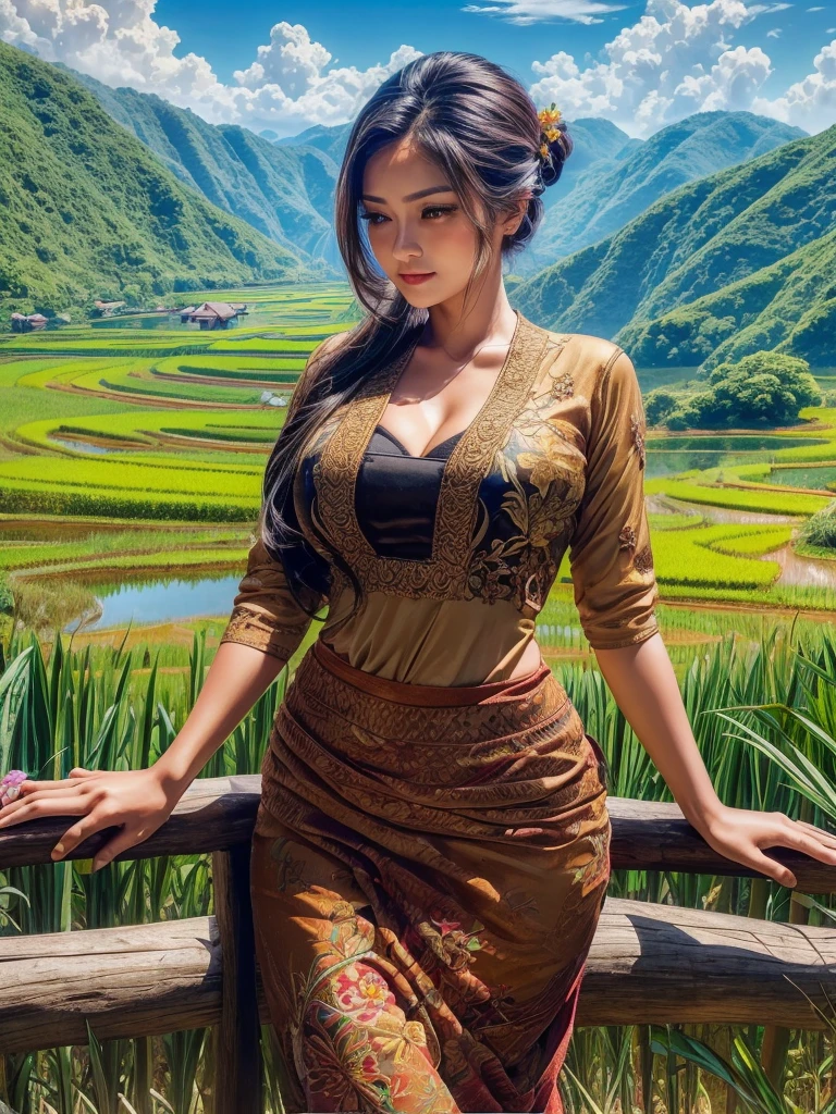 Gorgeous busty alluring curvy seducing Dutch-Sundanese peasant woman donning a semi transparent mediocre tight and thin kebaya dress and tight batik long skirt, simple messy bun hairdo with small beautiful flowers in her hair, insanely detailed and intricate terraced rice field background with bamboo forest and coconut plantation in a far distance, a vibrant beautiful flower bush in foreground, oil on canvas painting, realistic style, heavily influenced by Don Lawrence photorealistic brush stroke style