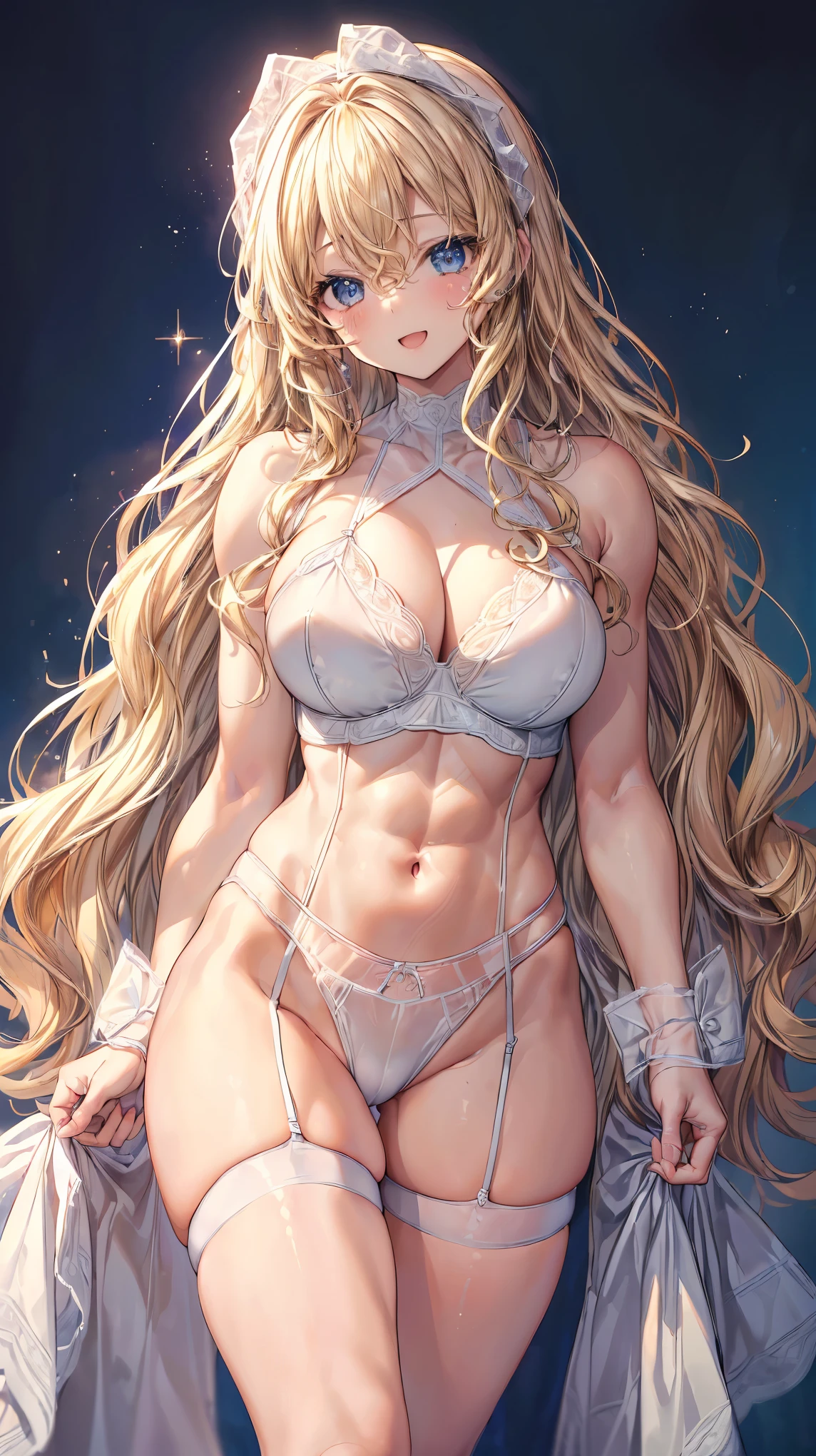 (Adult women:1.5)、Very detailed、highest quality、Best image quality、masterpiece、8k、Anime Face、A kind smile、(Open your mouth:1.3)、Sparkling blue eyes、(Blonde Wavy Hair:1.5)、、Muscles of the whole body、(High leg:1.5)、Thigh belt、(Wearing white lingerie:1.5)、(Cowboy Shot:1.5)、SFW Giant