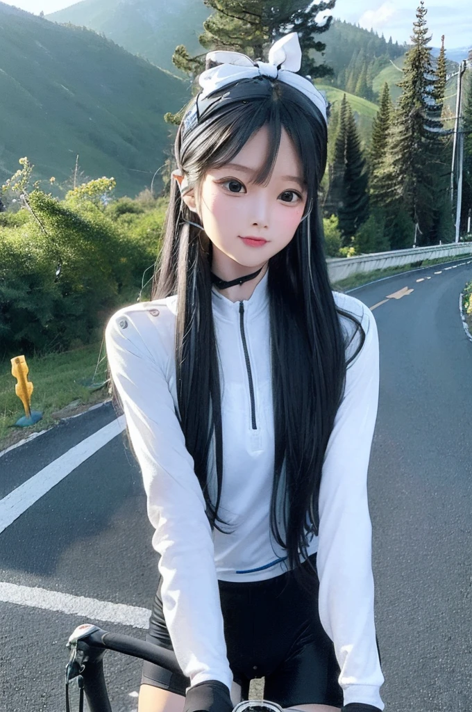 (((masterpiece))), (((best quality))), (((Ride a road bike))), downhill, steep slope, eye mask, earphone, Cycling shorts, wind, Speed line effect, alone, 1 girl, ribbon, long hair, Split, big , Shy. blush,