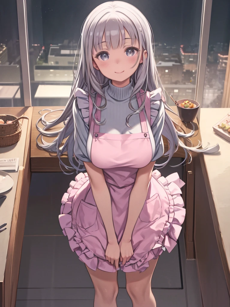 masterpiece、highest quality、High resolution、Very detailed、Medium wide shot、Girl、Beautiful eyes、Silver Hair、Curly long hair、Big Breasts、Gray turtleneck sweater、((Pink frilly apron))、mini skirt、laughing、Leaning forward、Leaning body、kitchen、Peering into the audience、