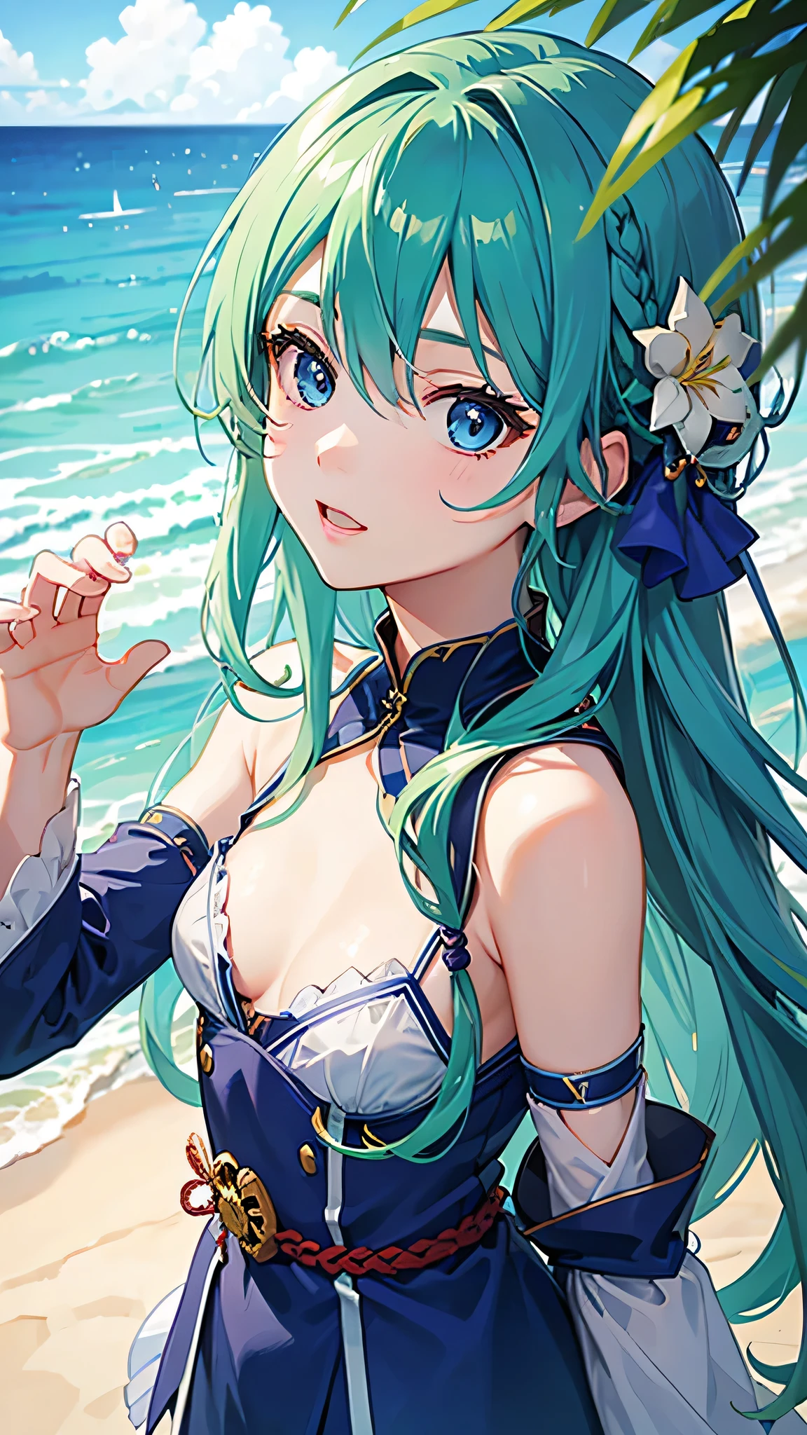 highest quality、Realistic、woman、Japanese、zoom、cute、Ocean、Cobalt blue eyes、Green hair、Long Hair、Swimwear、Face close-up、thin、Small breasts