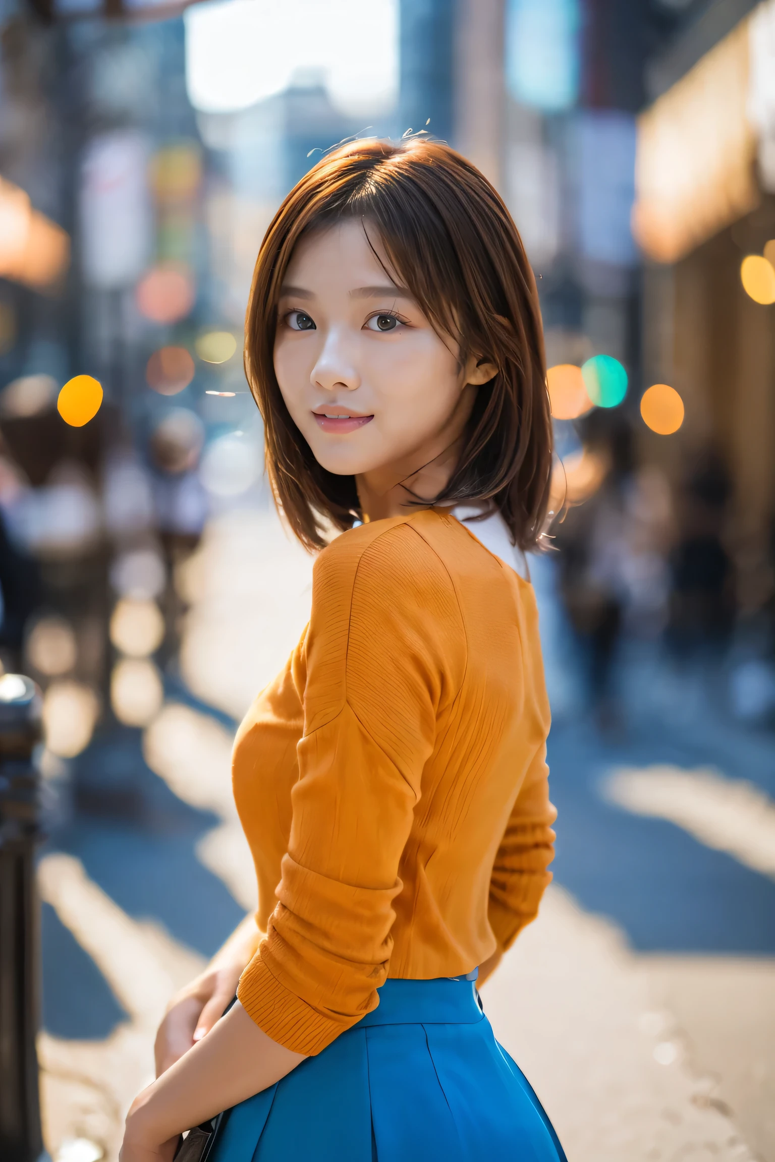 (18-year-old female), (The best quality at its best:1.4), (Super detailed), (Very detailed CG unified 16k), Beautiful woman with perfect figure: 1.4, Sharp focus: 1.2, Very detailed, High-quality RAW color photos, Professional photography, Great face and eyes, Beautiful eyelashes、cosmetics, (Amazingly beautiful girl), ((blouse, Mini tight skirt)), Are standing, Sexy posture,(Stylish cityscape, dawn:1.3), (View from below), Realistic movie faces, Wide zoomed out view of head to foot length, Full body long view, Realistic, ((Realistic natural orange red hairstyle, Realistic blue eyes, Short Bob Hair)), nice, Very beautiful face, Perfect model beauty, Mouth swelling, Highly detailed face and skin texture, Fine grain, double eyelid, Medium chest, smile, Crack, west, (masterpiece), highest quality, High resolution, Very detailed, Blurred Background, Depth of written boundary, Cinema Lighting, Great legs, High heels, Clear, well-maintained skin, (((Women make up the majority of the photo)))
