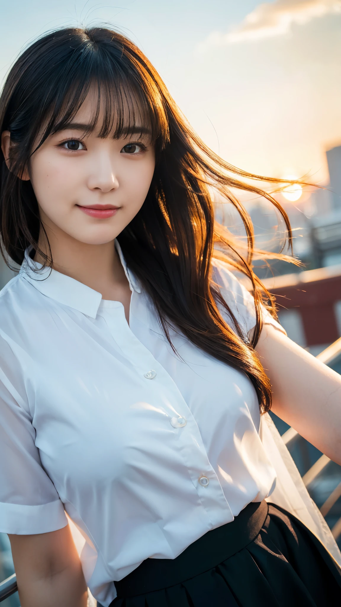 (highest quality,masterpiece:1.3,Ultra-high resolution),(Super detailed,Caustics,8k),(Photorealistic:1.4,RAW shooting),Japanese,23 years old,cute,Are standing,(A big smile),(Looking into the camera),Black Hair Middle Hair,Big Breasts,White blouse,Knee-length skirt,Strong winds,Hair blowing in the wind,Rooftop,Backlight,Sunset,Sunset sky,(Bust up shot),(Face Focus:1.1),(Face close up:1.1),Low position,Low - Angle,Natural light