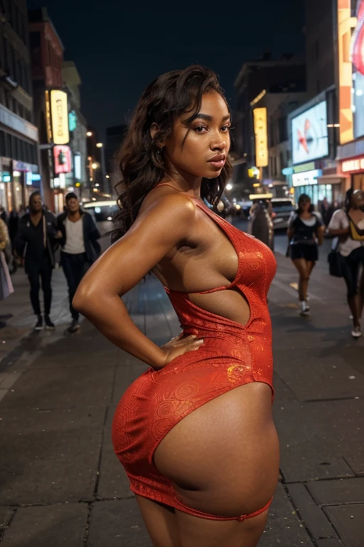(best quality,4k,8k,highres,masterpiece:1.2), ultra-detailed, (realistic,photorealistic,photo-realistic:1.37), African woman,(beautiful detailed face:1.1), brown eyes, (well-built:1.1), curvy figure, (light skin:1.1), standing, (beautiful, detailed lips:1.1), (long eyelashes:1.1), (red mini dress:1.1), (big booty:1.1), (weighing 125 kg:1.1), walking down the street, (vibrant colors:1.1), (street art style:1.1), (brilliant lighting:1.1), bustling city, (urban atmosphere:1.1), (dynamic background:1.1), tall buildings, people passing by, (positive emotions:1.1)