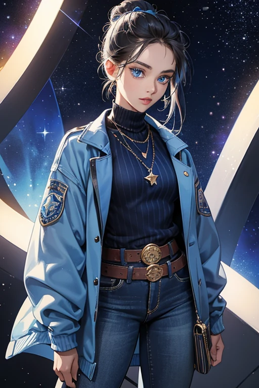She is a slender teen girl with dark skin, blue eyes, lips, and hair held in a bun. Her outfit consists of a dark blue striped sweater under a long sky blue jacket with star patterns and jeans with a star belt. Her accessories consist of her star-charmed watch, a blue star necklace, and a blue side purse with a star design. SPARKLE; GLITTER