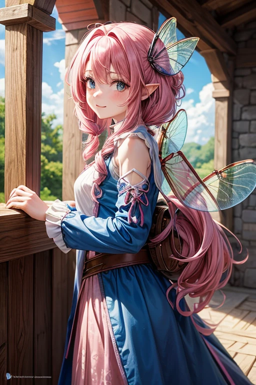10 year old fairy woman with dragonfly wings on her back long curly pink hair , peinado desorenado con orejas puntegudas ,Medieval archer&#39;s clothes pink color green eyes holding a dagger brown shoes brown leather belt jade ornaments on a forest background with magical symbols