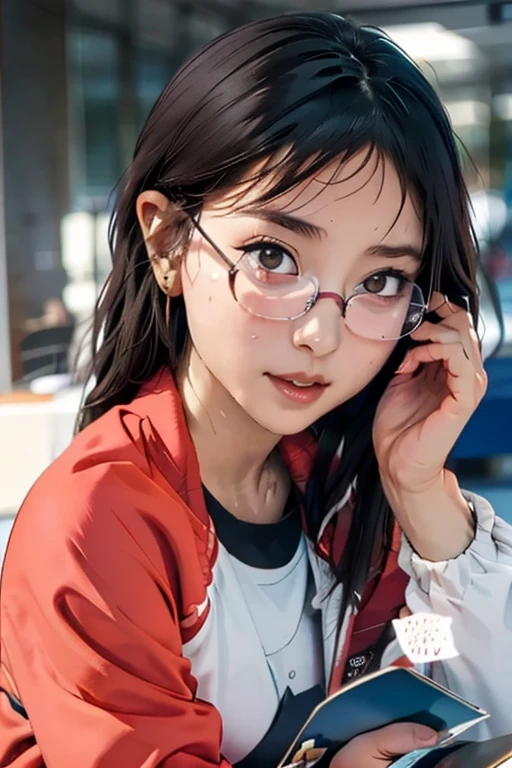 (masterpiece, highest quality), One Girl, Satou, Satou, Glasses, 赤いフレームのGlasses, Under-rim eyewear, Satou, Glasses, 赤いフレームのGlasses, Under-rim eyewear, Track jacket, Track pants