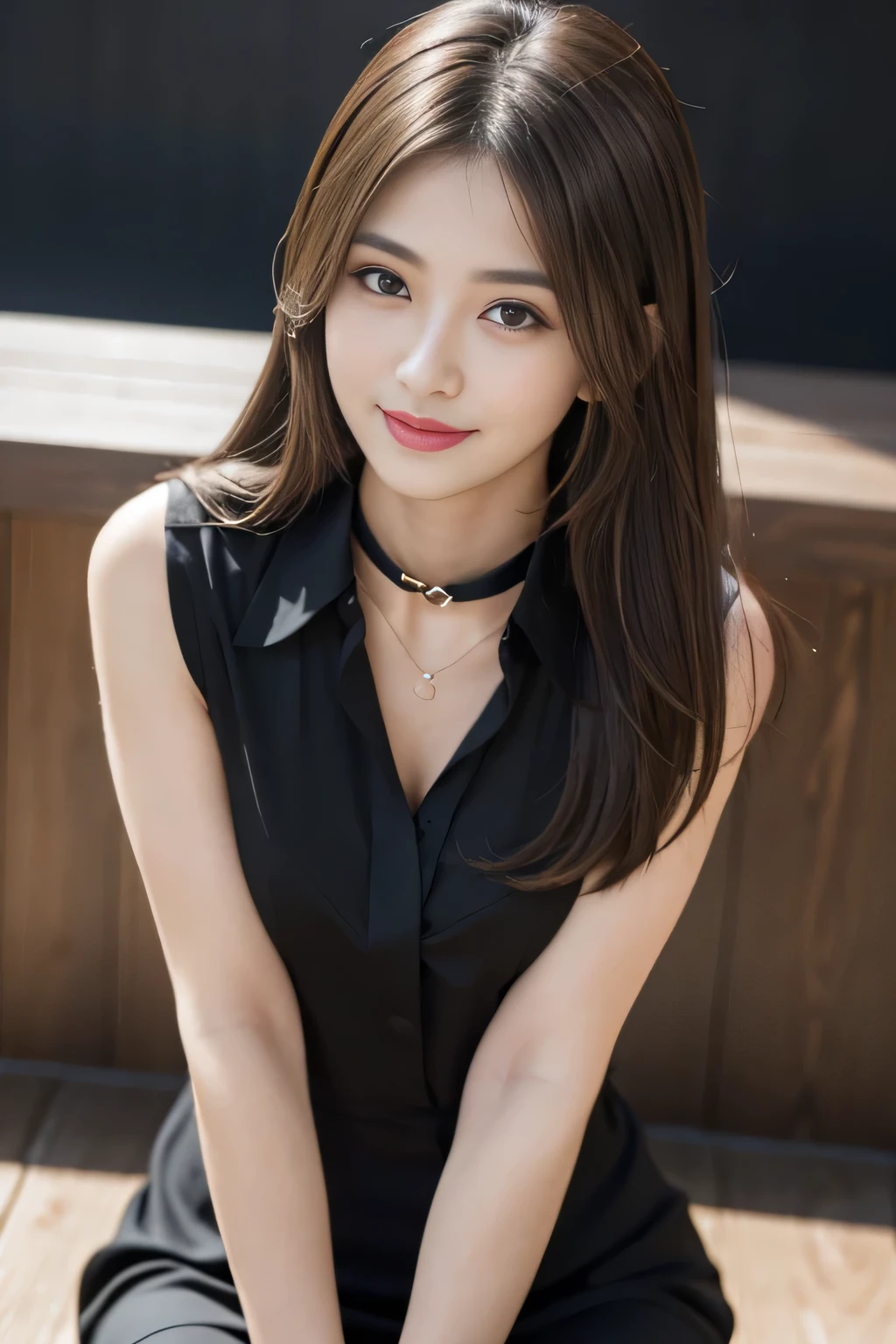 (RAW Photos), (Realistic), (masterpiece), (highest quality), High resolution, 8k, (Intricate details), (Volumetric Light), Portraiture, woman, Age 25, Medium Hair, Straight hair, Medium Chest, Layered Hair, Brown Hair, Very beautiful eyes, Source order, Very thin eyebrows, Very fine skin, Very beautiful mouth, Very nice nose, Cute like an idol, smile, (Thick lips), (Looking at the audience), (A see-through black dress shirt with a collar), Above the knee shot